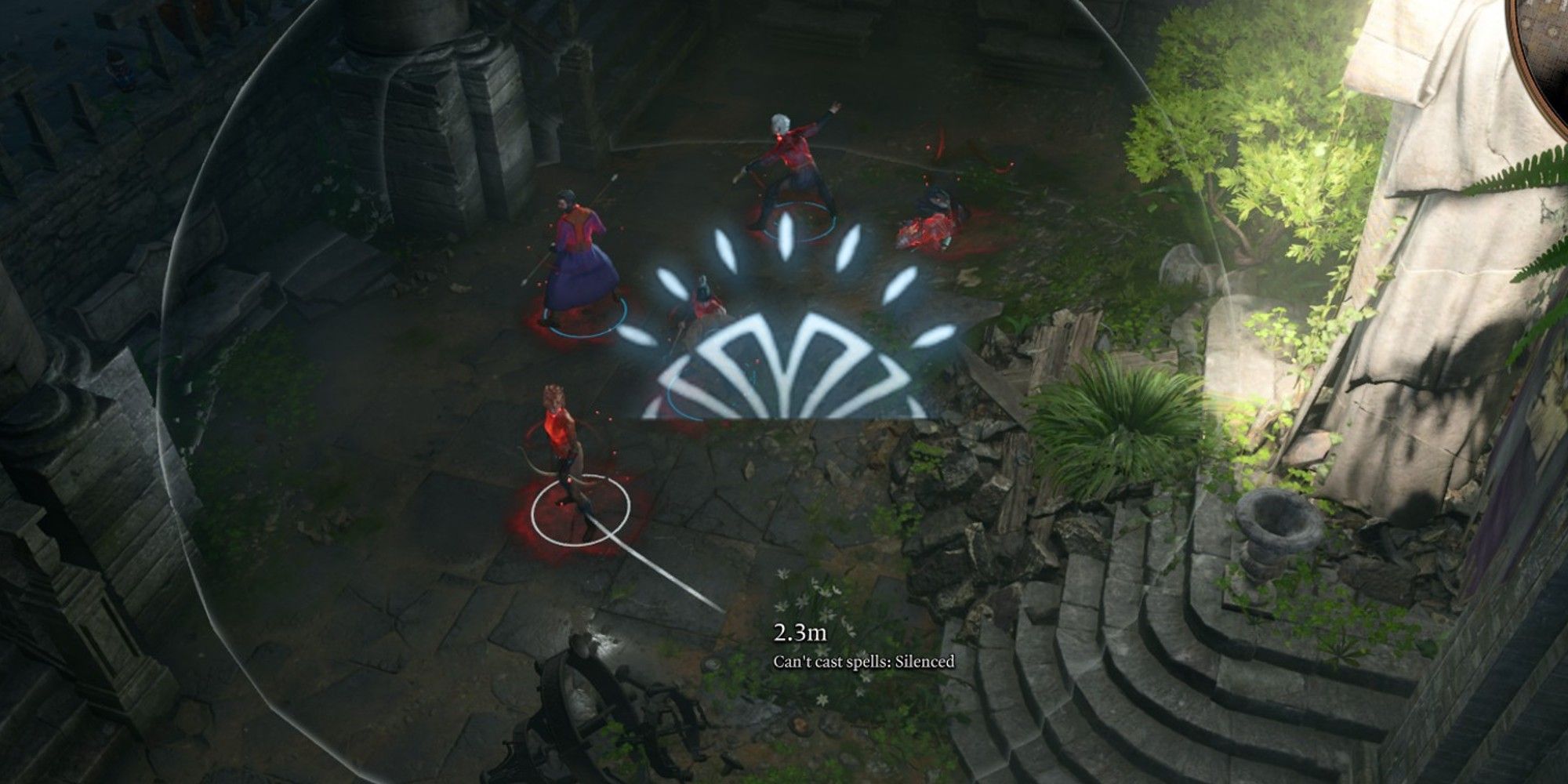 Baldur's Gate 3 image showing the party inside the effect of the silence spell.