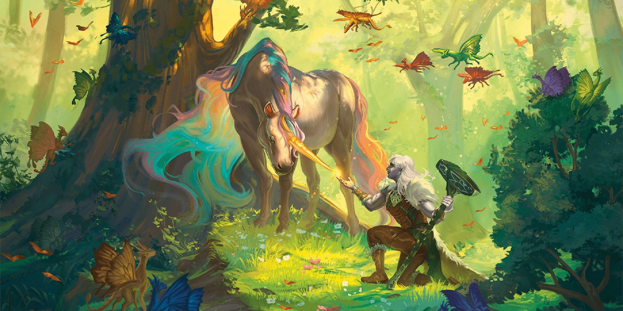 Dungeons & Dragons image showing a barbarian recieving a blessing or a charm from a unicorn.