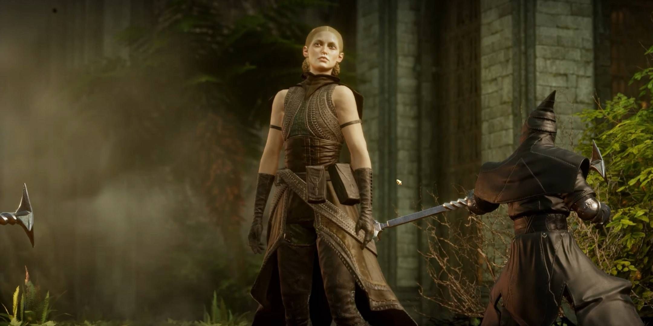 Calpernia watches as the Inquisitor enters the Temple of Mythal in Dragon Age: Inquisition.