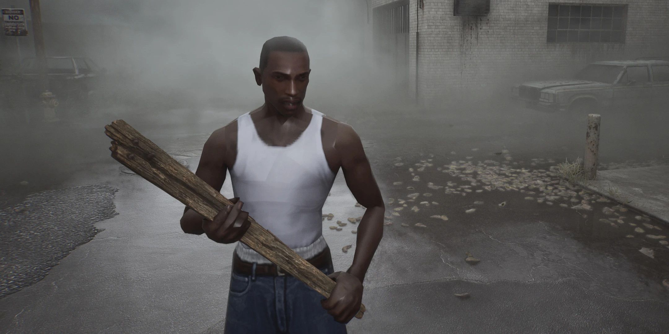 CJ from GTA San Andreas holding a plank of wood in a foggy street