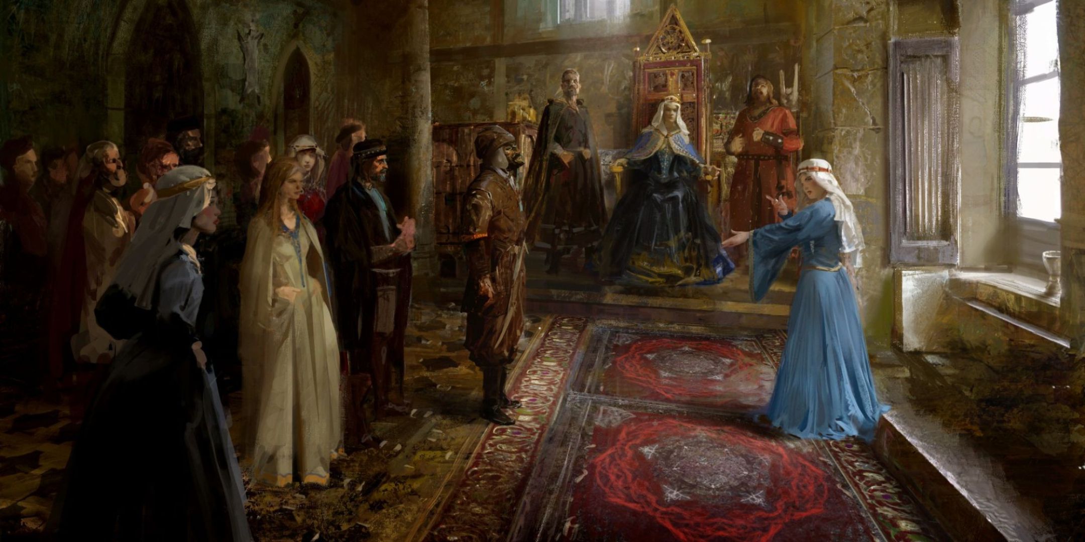 A lady-in-waiting makes hand gestures at a guest in Crusader Kings 3.