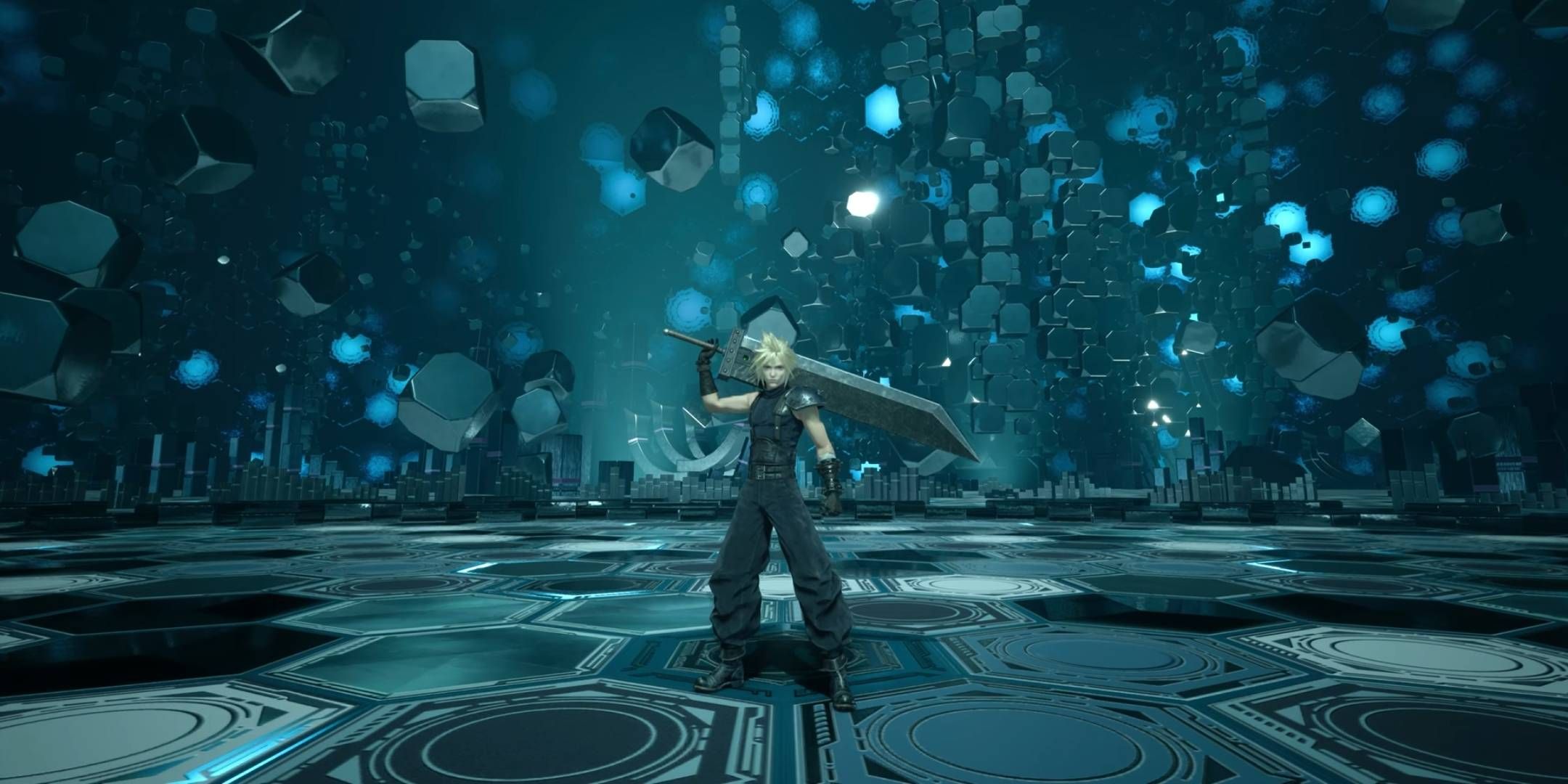 Cloud holding his Buster Sword on his shoulder in his victory pose from Final Fantasy 7 Rebirth.