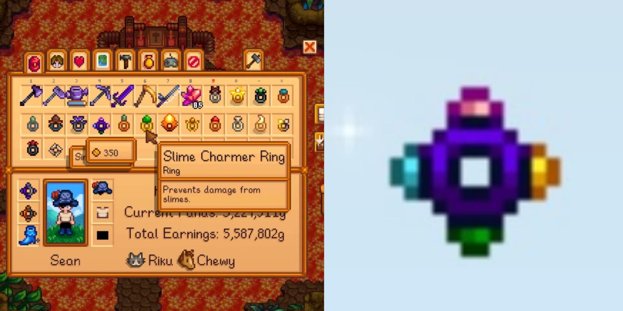 Split image of the Slime Charmer Ring on an inventory screen and an image of the Iridium Band from Stardew Valley.