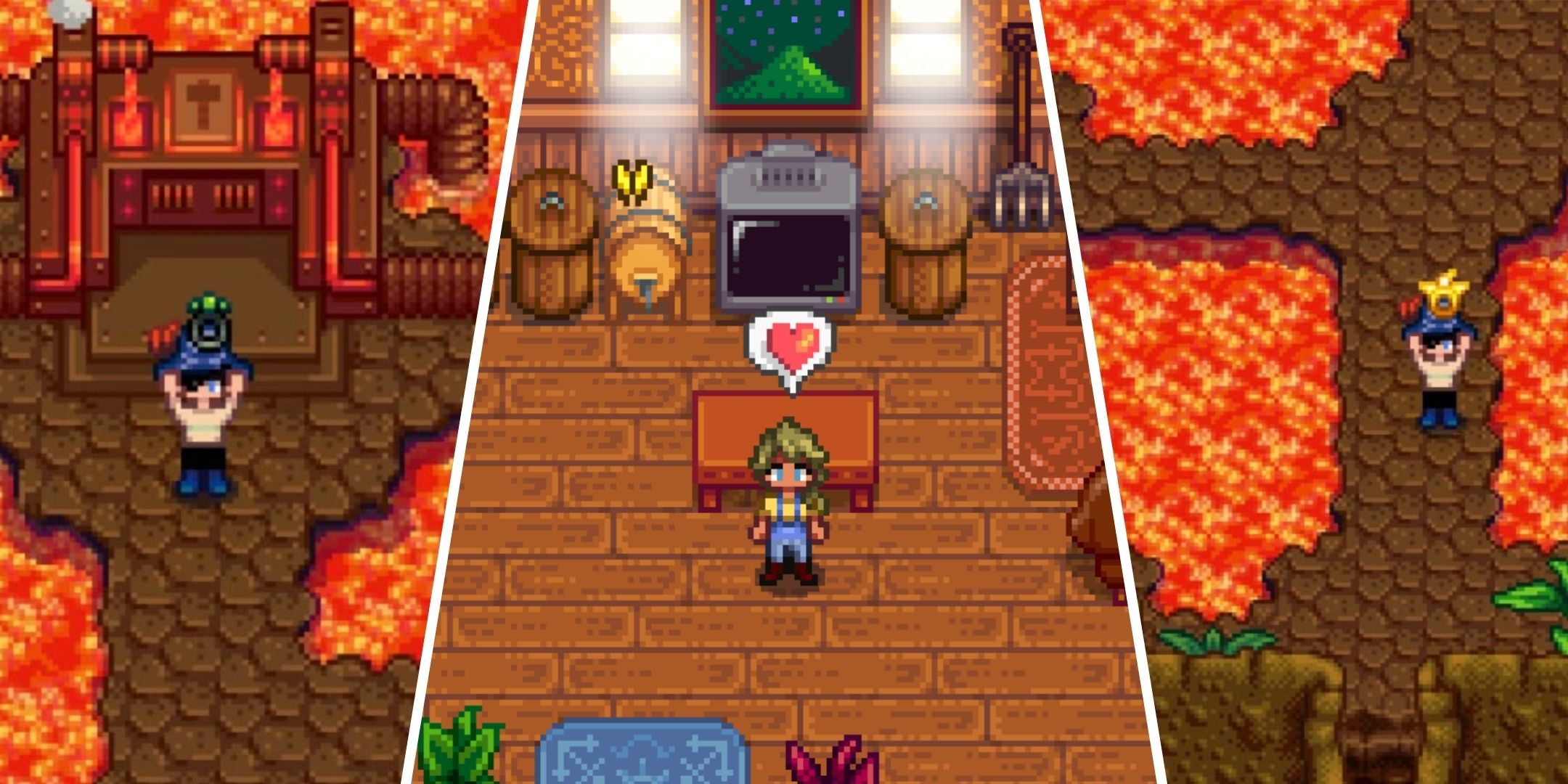 Image of the three farmers, one holding the Soul Sapper Ring, one holding the Phoenix Ring, and the one in the middle with a heart above their head from Stardew Valley.