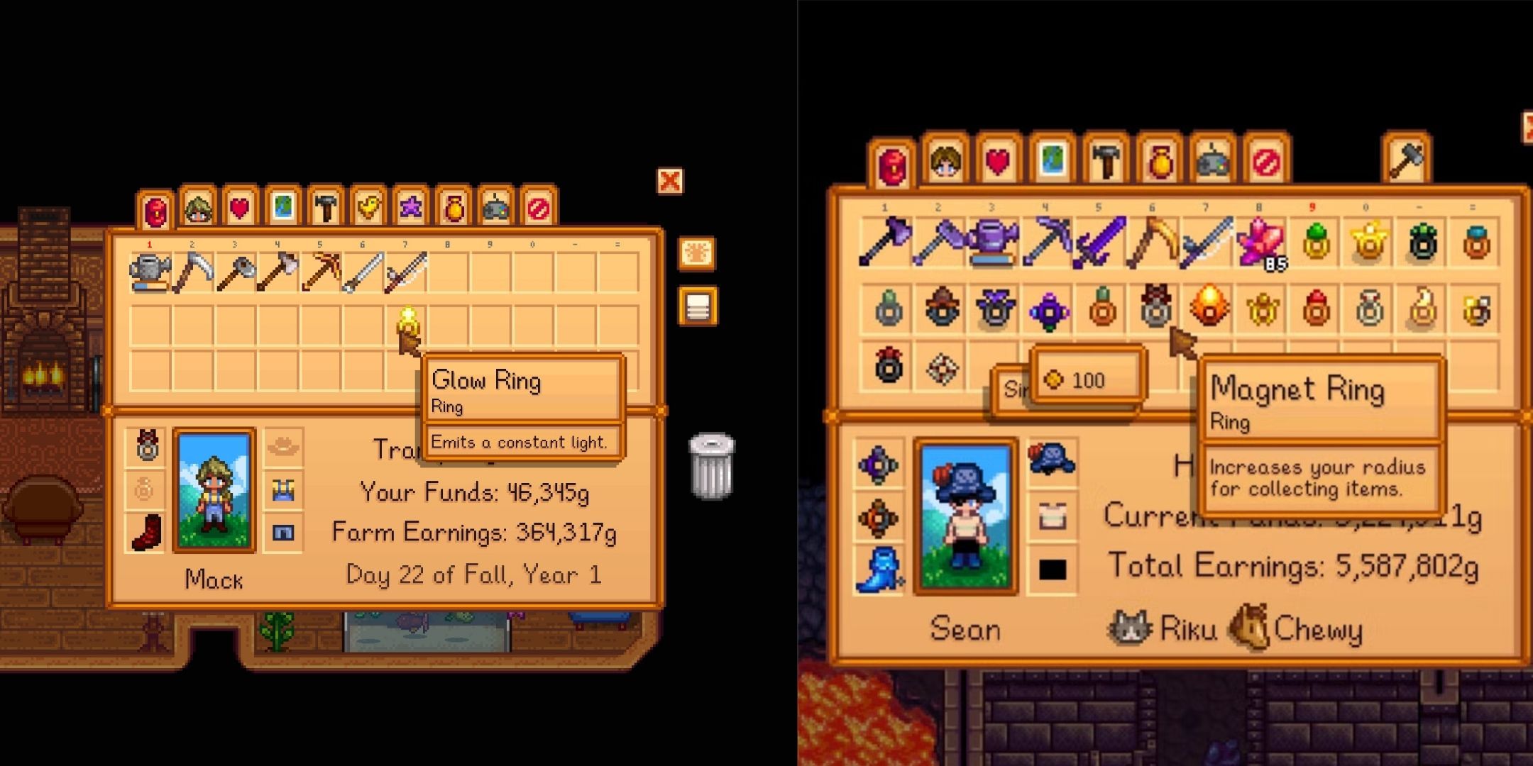 Split image of two inventories showing the Magnet Ring and the Glow Ring from Stardew Valley.