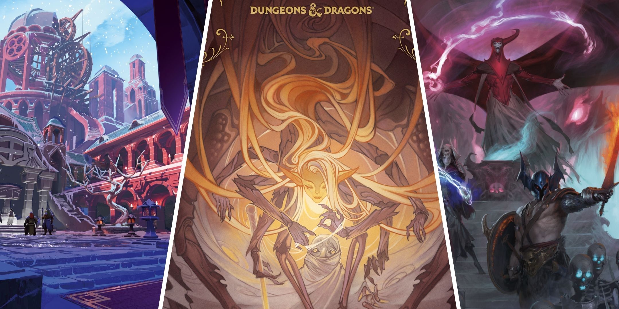 Split image of the 2024 Dungeon Master's Guide regular and alternate art cover next to a cleric bastion.