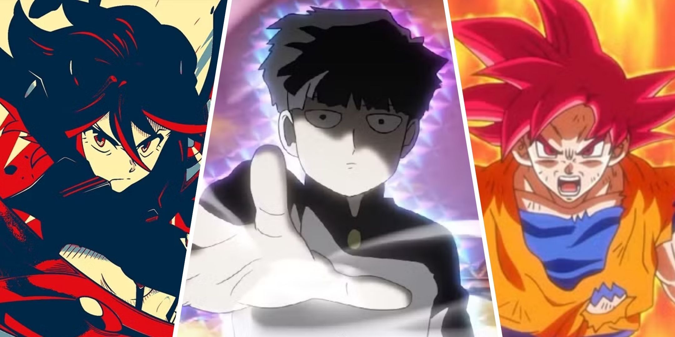 Split image of Ryuko Matoi, Mob and Goku.