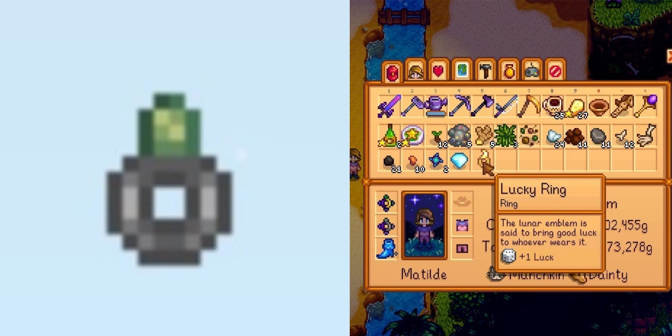 Split image of the Burglar's Ring and the Lucky Ring on the inventory screen from Stardew Valley.