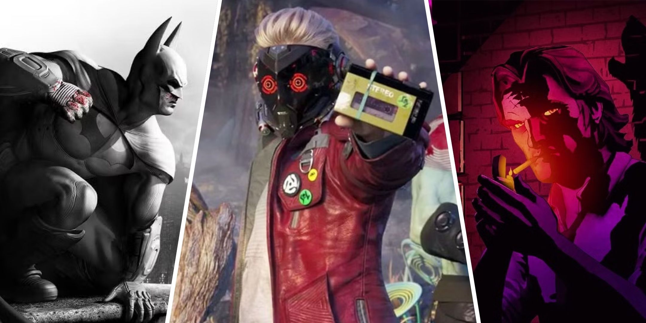 Split image with Batman kneeling in Batman: Arkham City, Star-Lord holding his walkman from Marvel's Guardians of the Galaxy, and Bigby Wolf smoking from The Wolf Among Us.