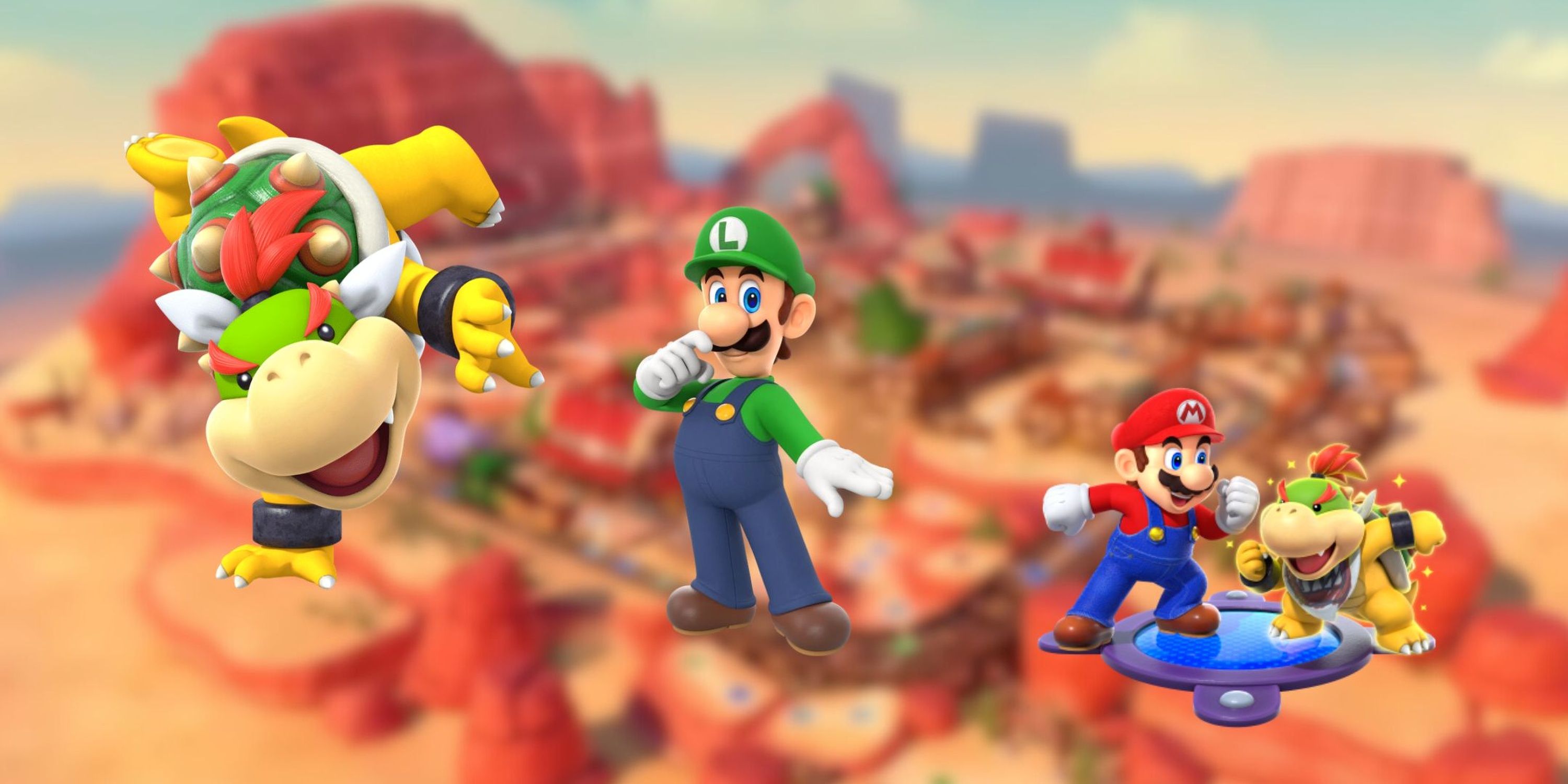 Bowser Jr, Luigi, and Mario in front of a Super Mario Party Jamboree map. 