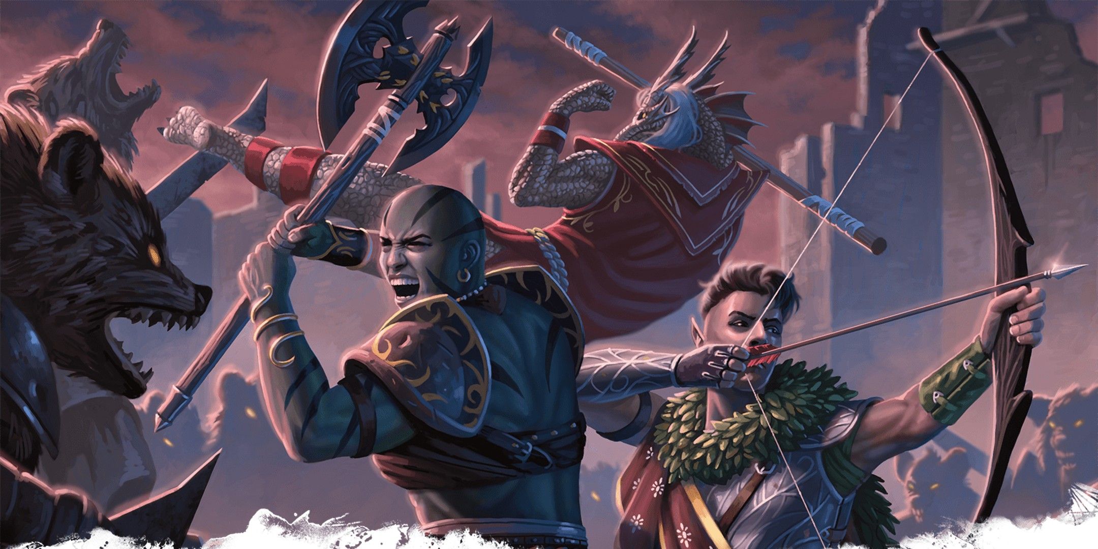 Dungeons & Dragons image showing a barbarian, a ranger and a monk fighting gnolls.