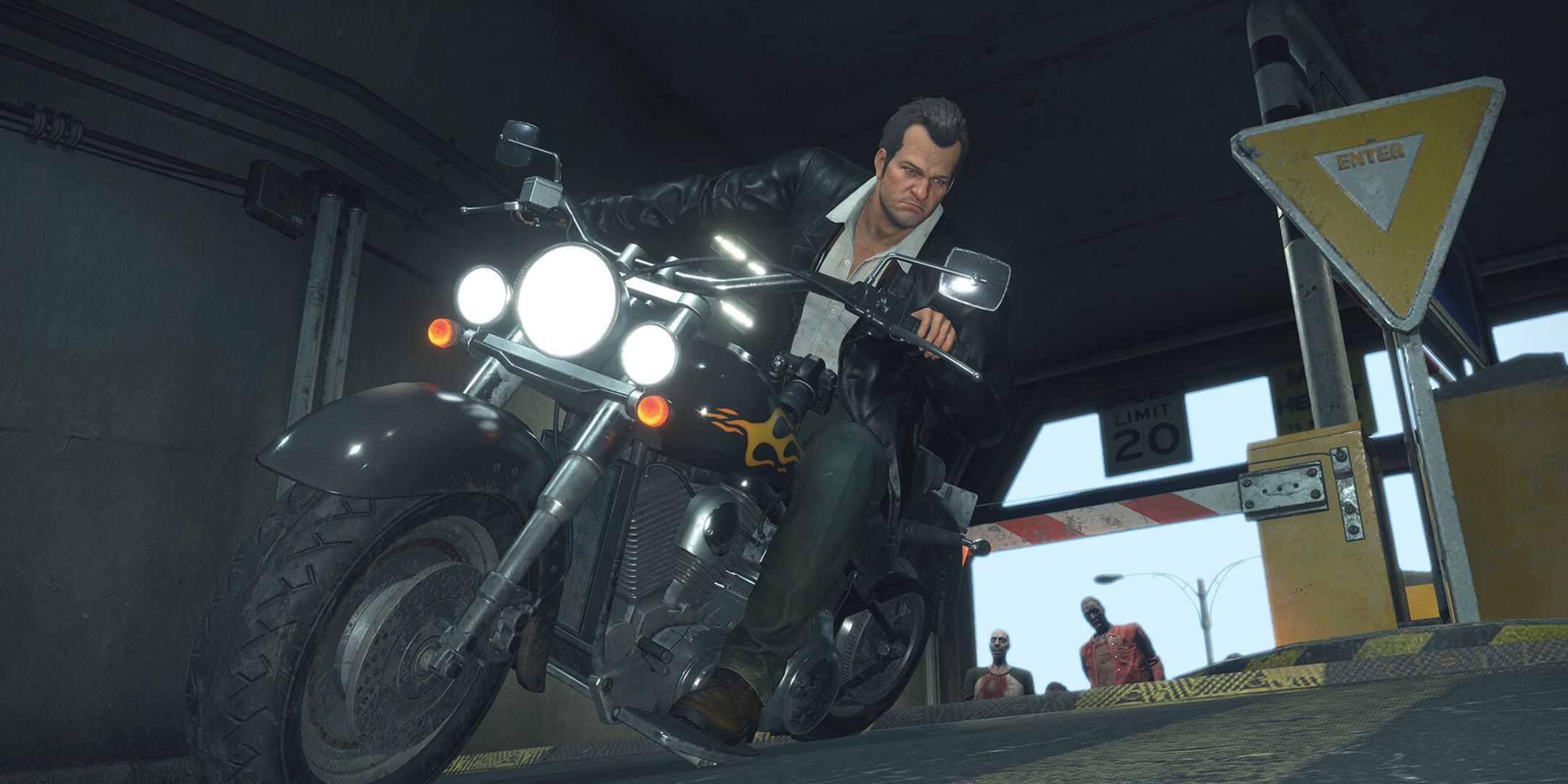 Frank West riding a motorcycle in Dead Rising Deluxe Remaster.