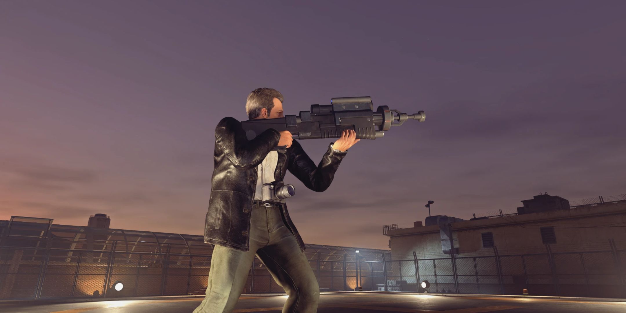 Frank West holding a working Beam Gun in Dead Rising Deluxe Remaster.