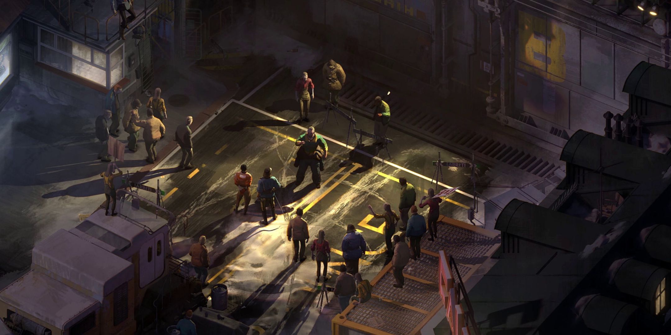 A gathering of people in Disco Elysium.