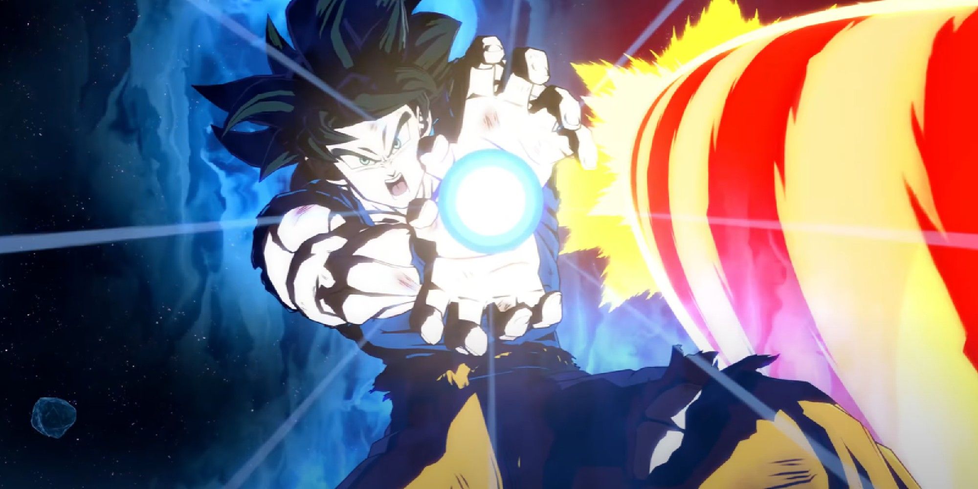 Dragon Ball FighterZ image showing Goku firing a point blank kamehameha.