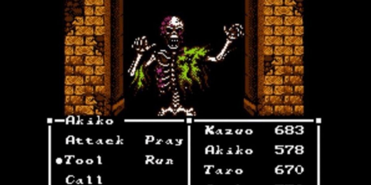 Fighting a skeleton in a RPG battle in Sweet Home.