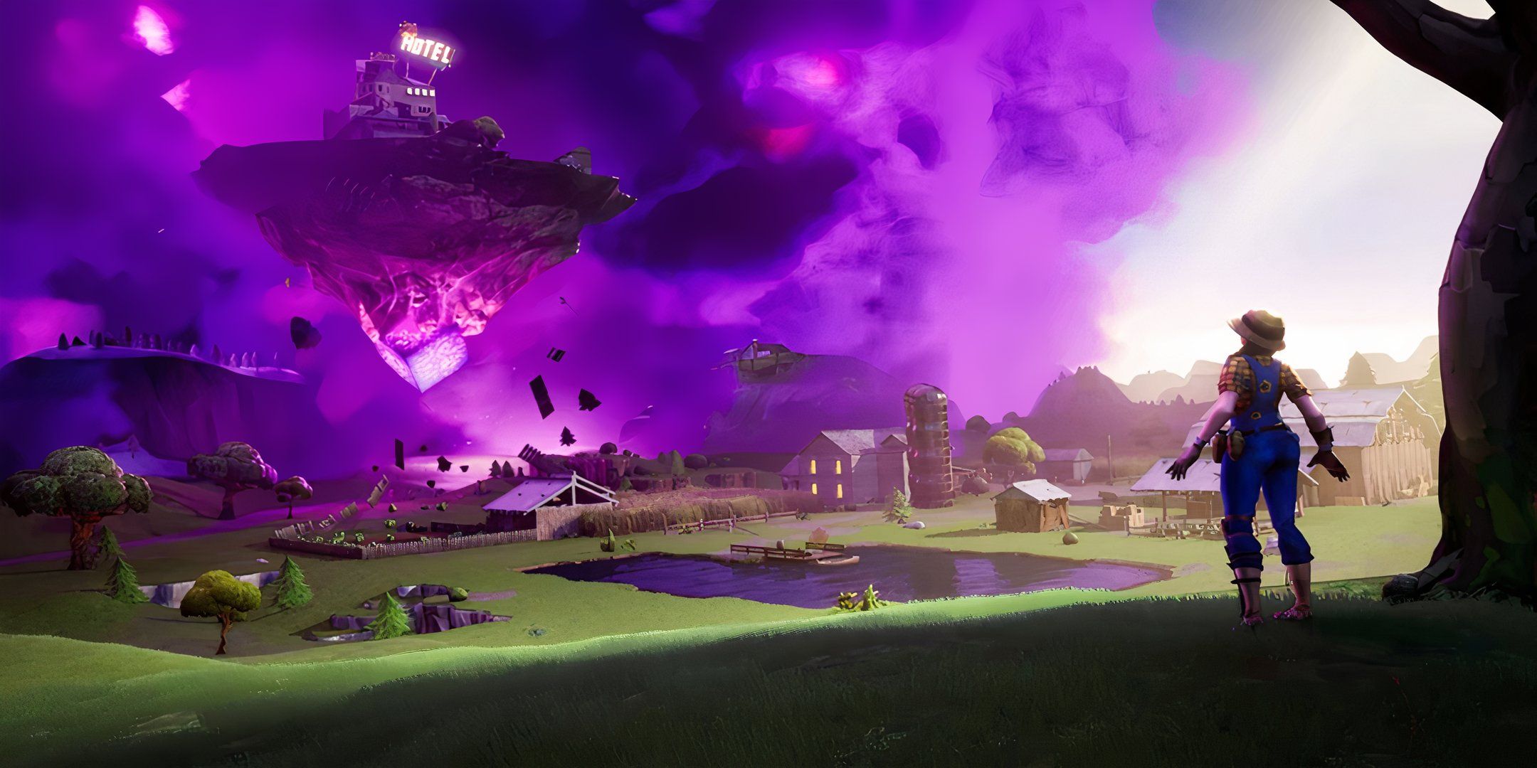 A Farmer Looper Looking Up At A Floating Hotel In The Sky Powered By A Purple Cube With Ominous Purple Clouds In The Background.