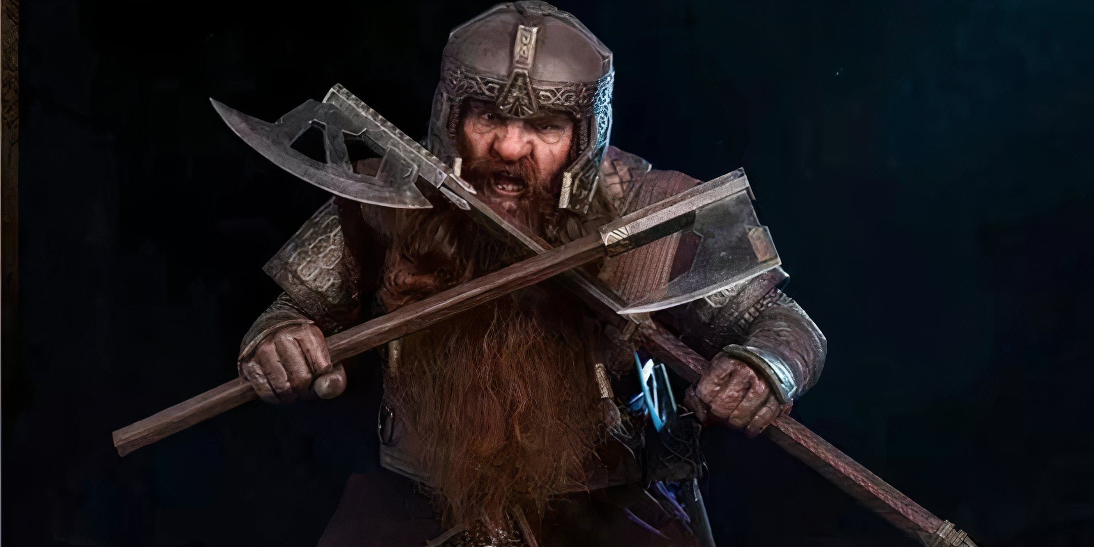 Gimli raises his two axes for battle in Lord of the Rings: The Fellowship of the Ring.