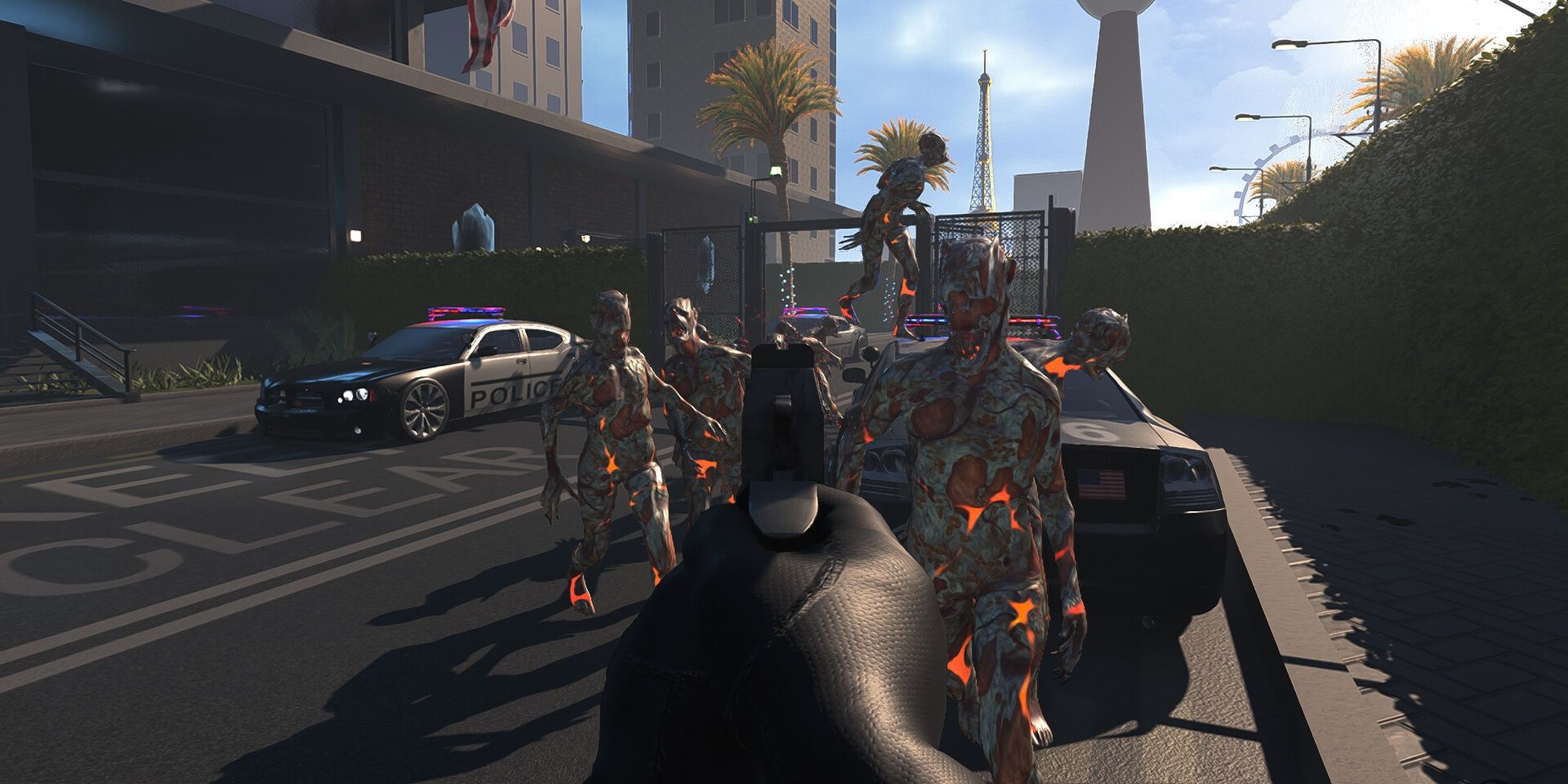 Hellbreach: Vegas - Undead with burnt skin approaching a soldier.