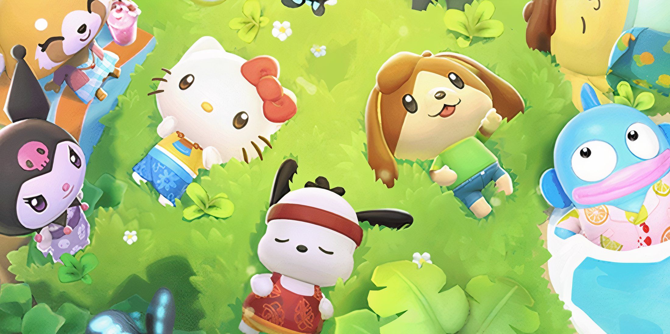 Characters from Hello Kitty Island Adventure lying in the grass and looking at the sky.