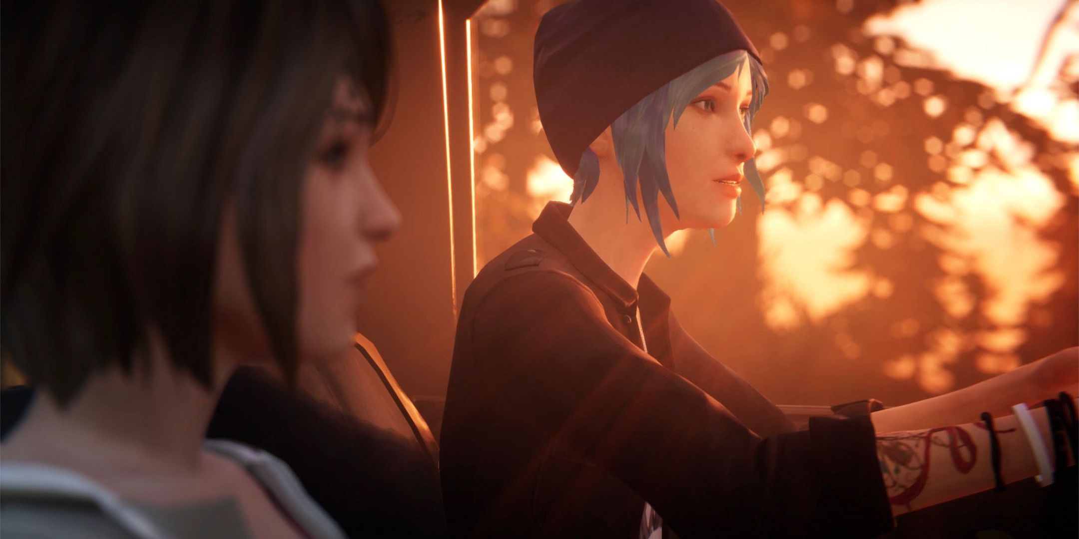 Chloe driving a car at sunset with Max in the foreground out of focus in Life Is Strange.