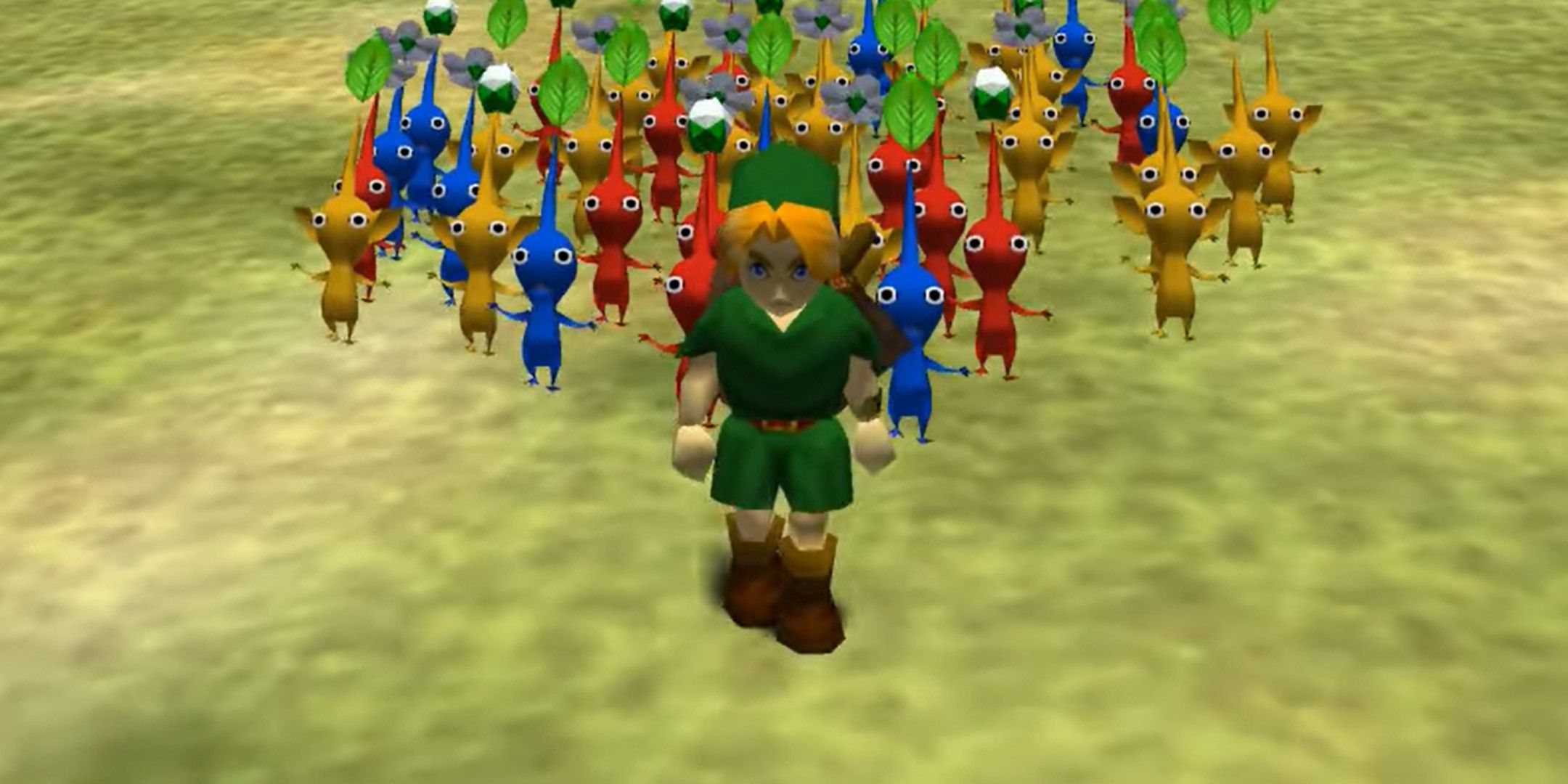 Link from Ocarina of Time with an army of Pikmin