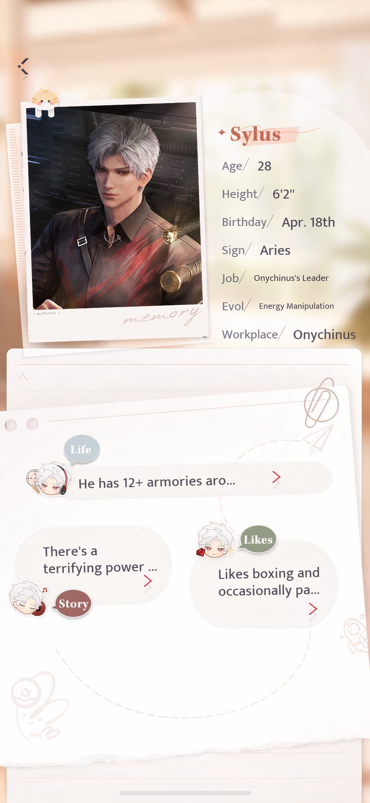 Love And Deepspace: An image of Sylus's Dossier in the About Him menu.