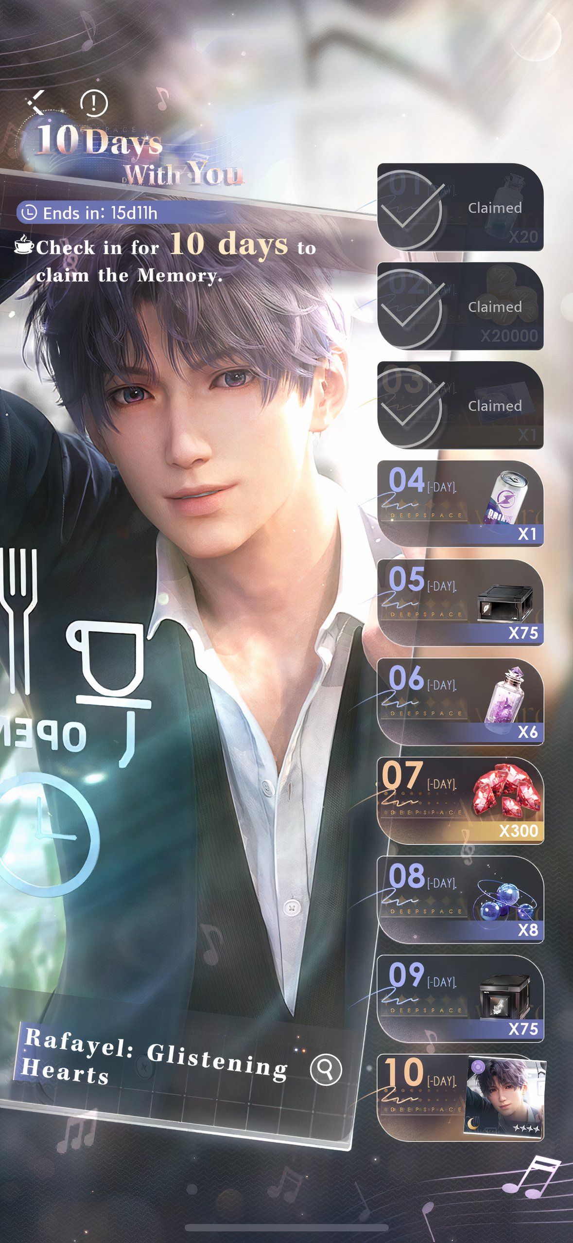 Love And Deepspace: An image of the 10 Days With You event in the event screen.