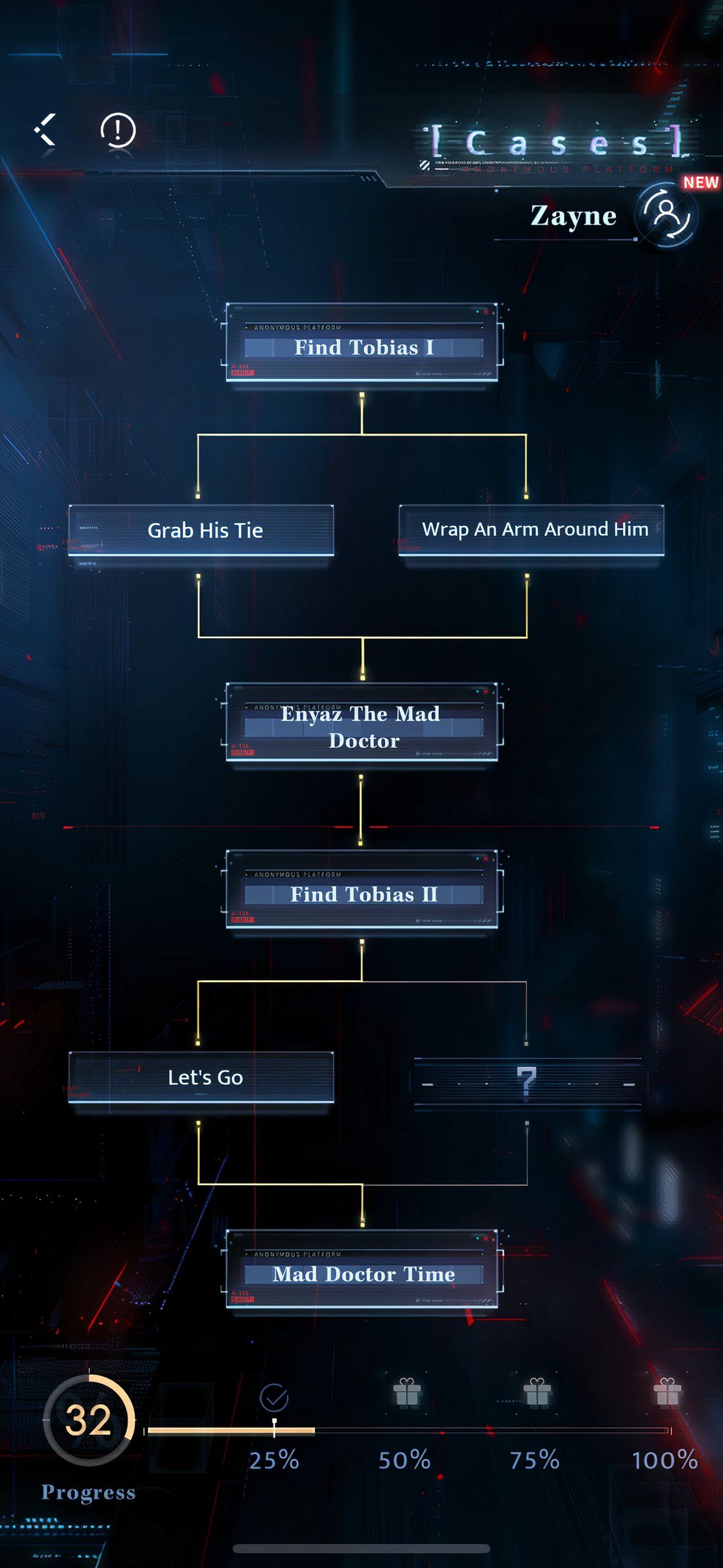 Love And Deepspace: An image of the Case map for Zayne's Find Tobias Abyssal Chaos Deduction