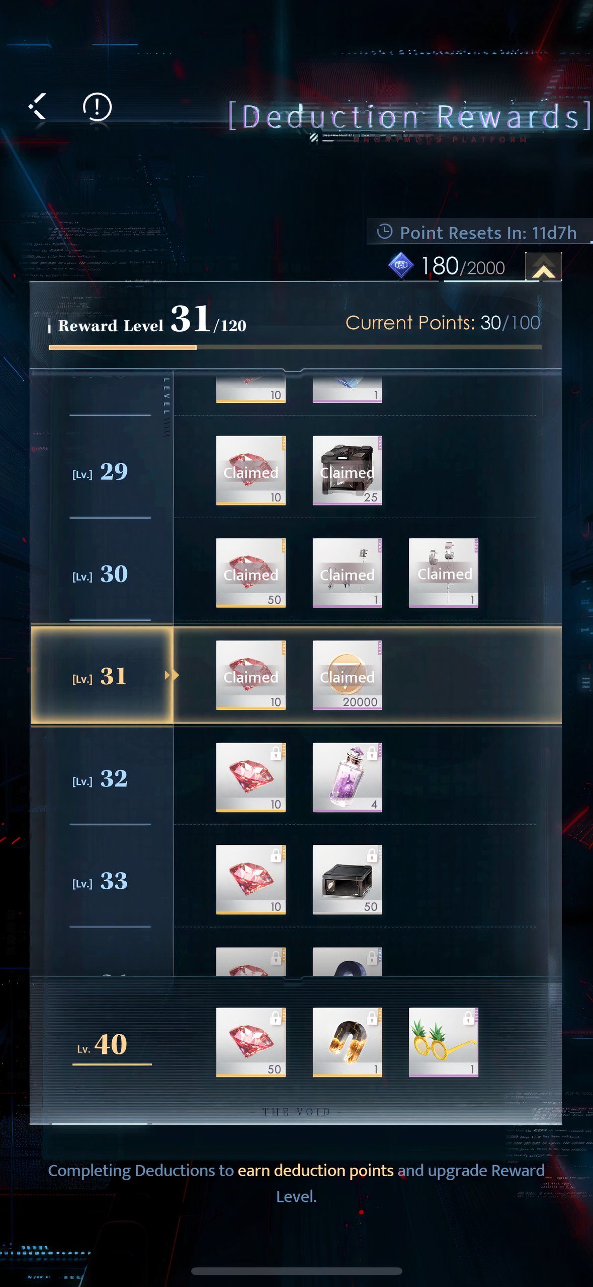 Love And Deepspace: An image of the Deduction Points rewards screen