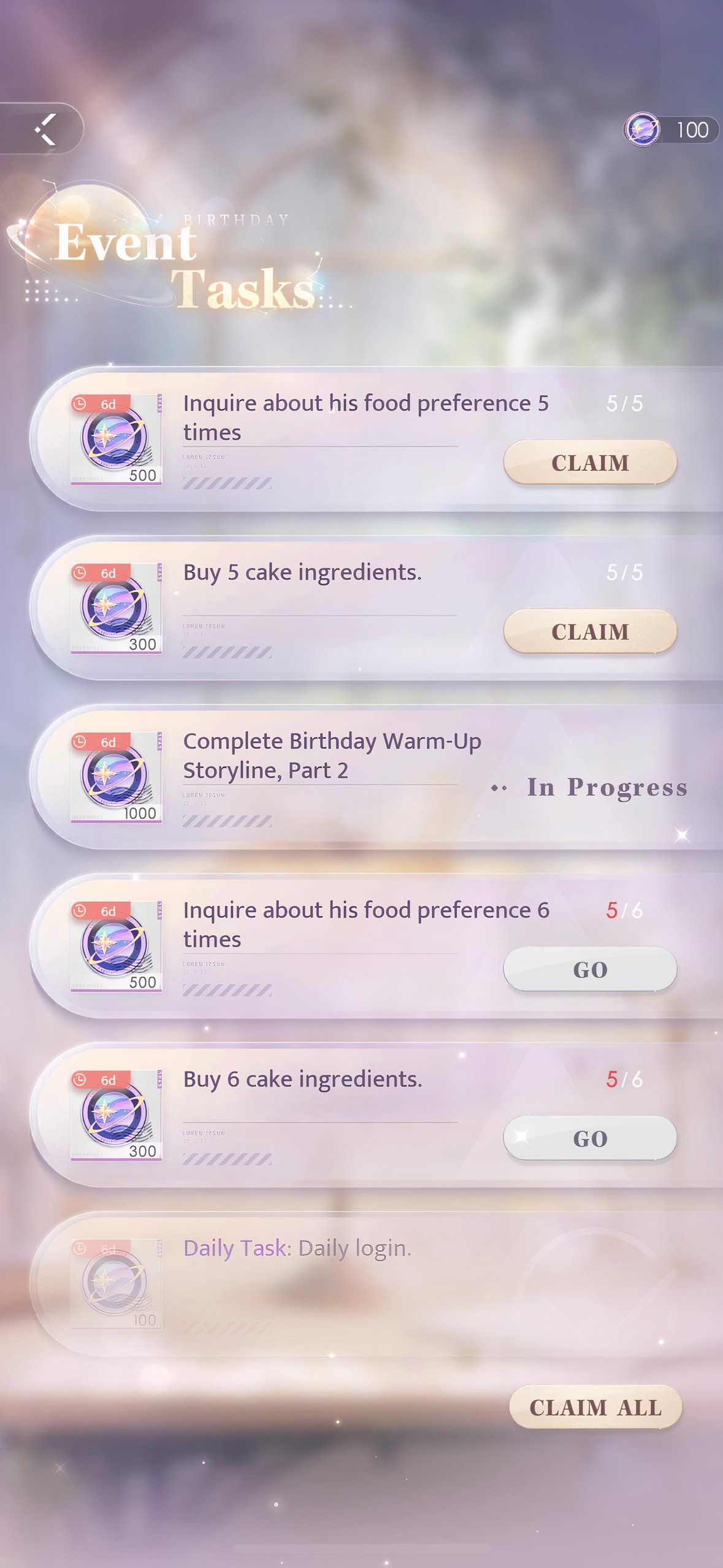 Love And Deepspace: An image of the Time-Limited Tasks menu.