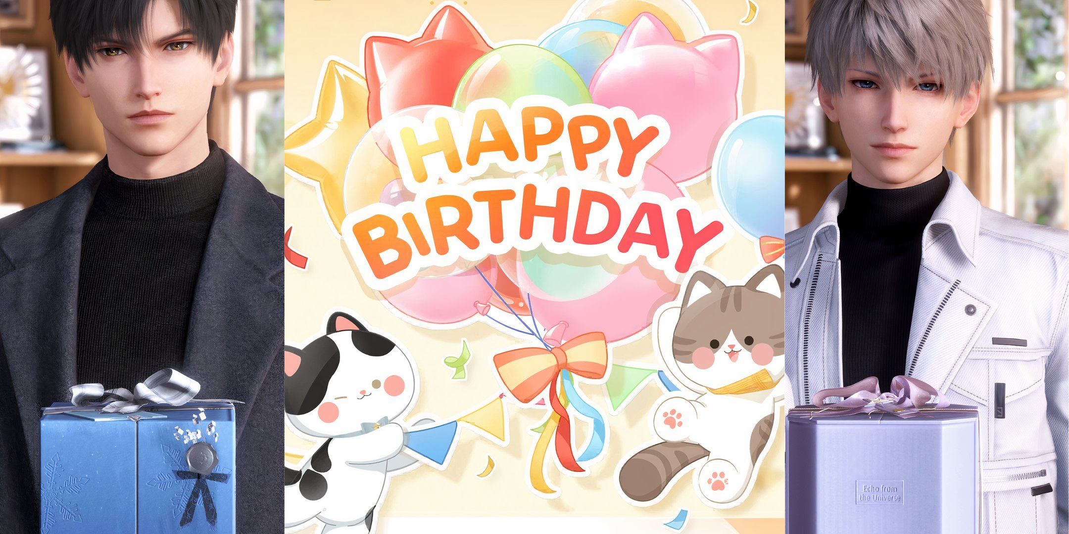 Love And Deepspace: An image of Zayne and Xavier handing the player gifts next to the event birthday banner.