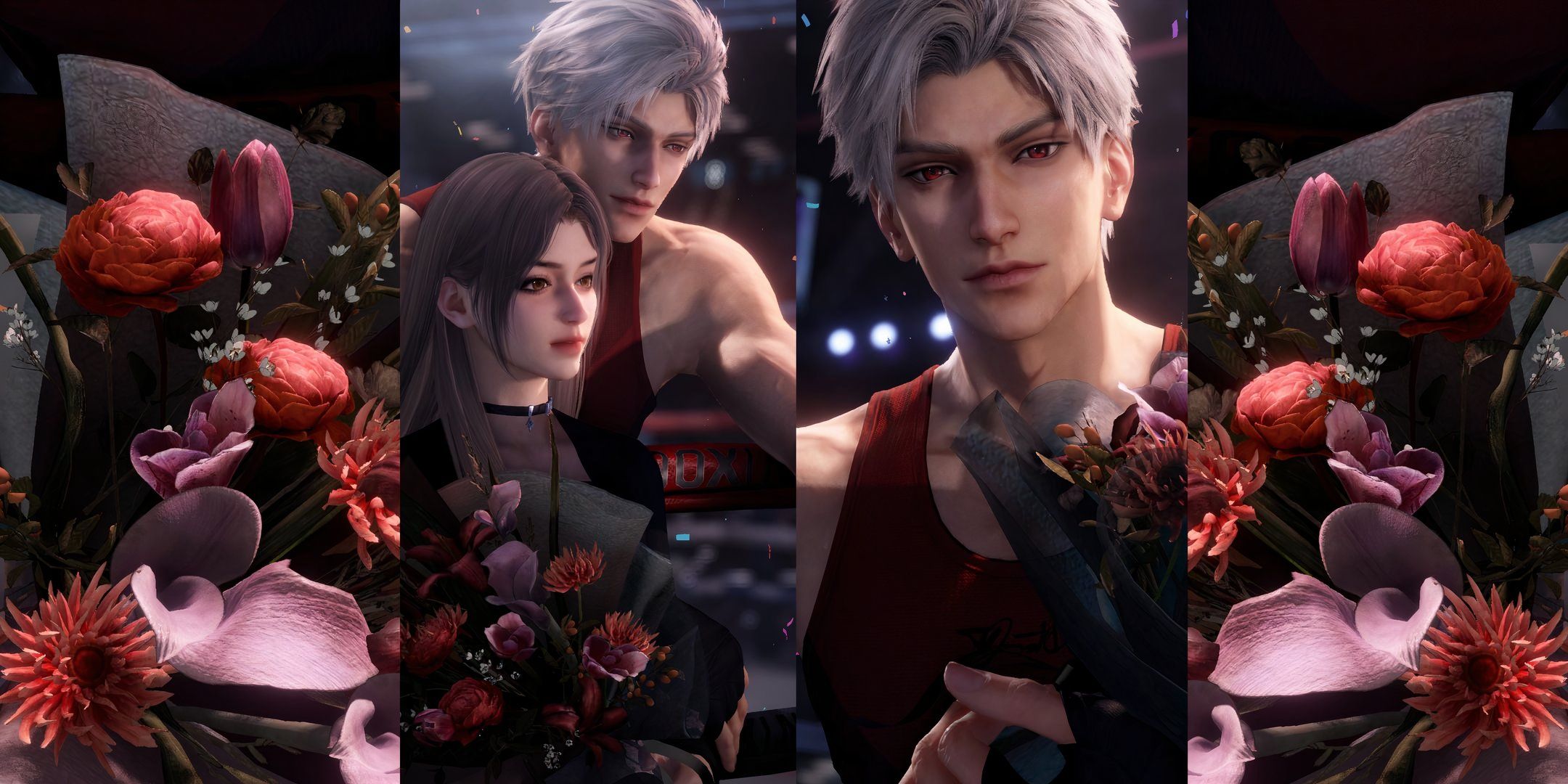 Love And Deepspace: Two screenshots of Sylus and the player flanked by two images of a pink and red bouquet.