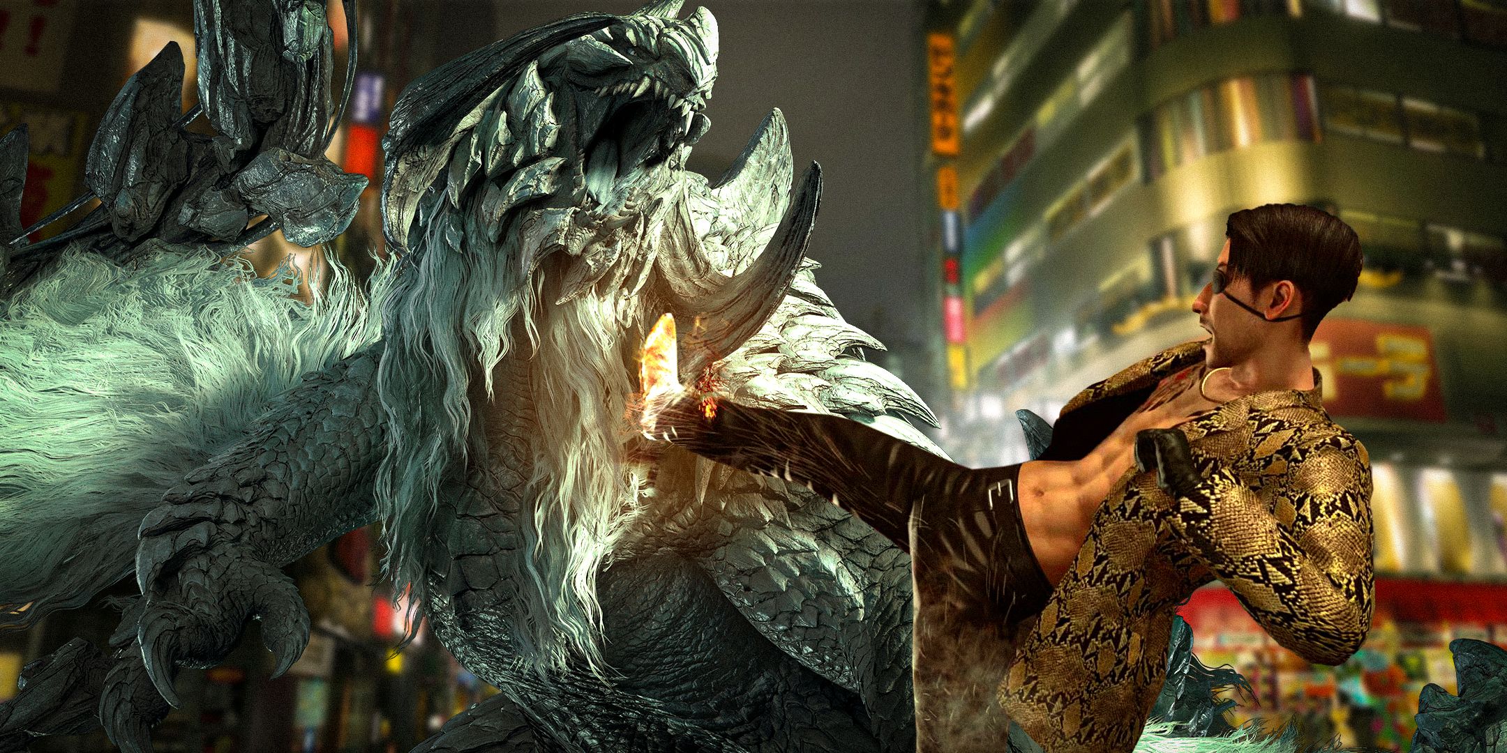 Majima kicking a a large monster from Monster Hunter in the face