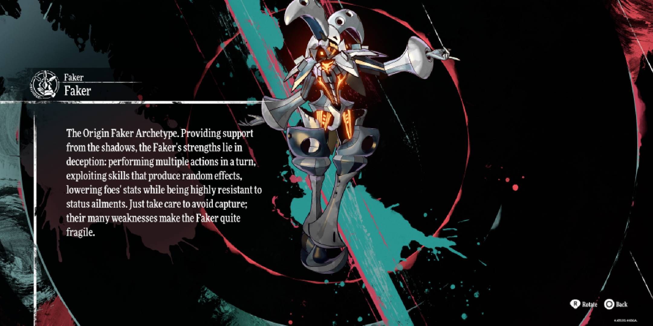 Metaphor_ ReFantazio menu screen showing the appearance and description of the Faker archetype.