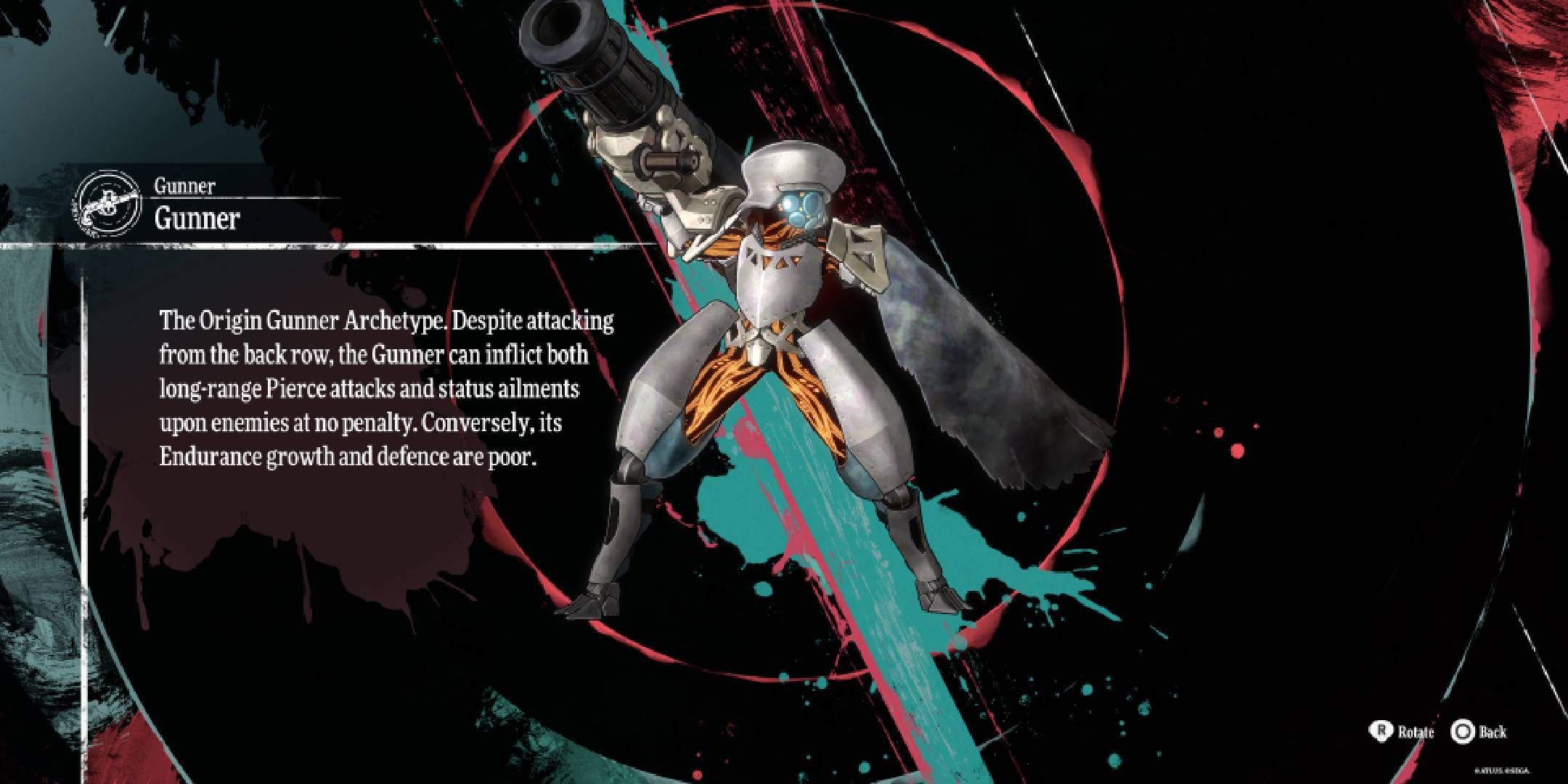 Metaphor_ ReFantazio menu screen showing the appearance and description of the gunner archetype.