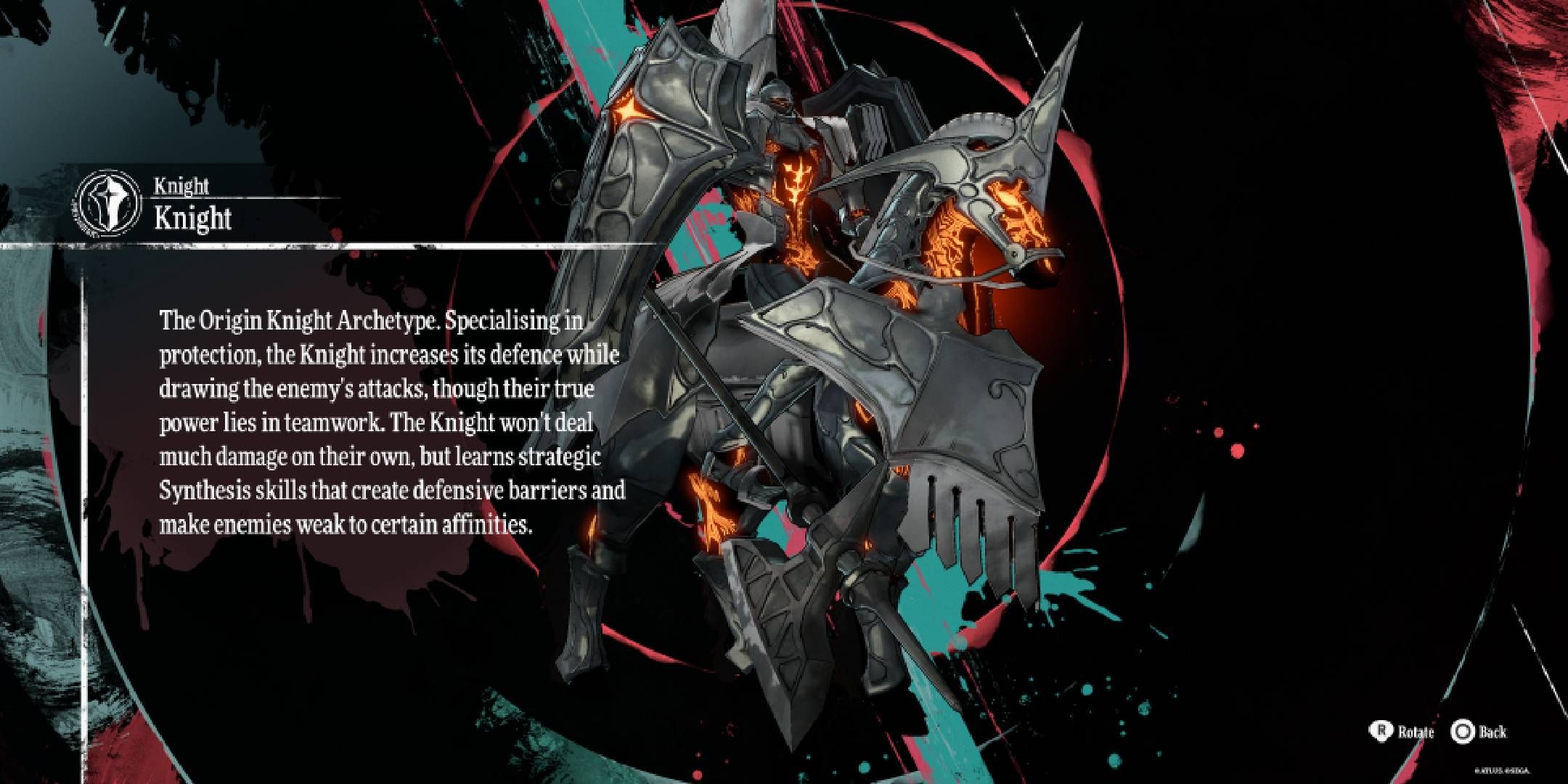 Metaphor_ ReFantazio menu screen showing the appearance and description of the Knight archetype.