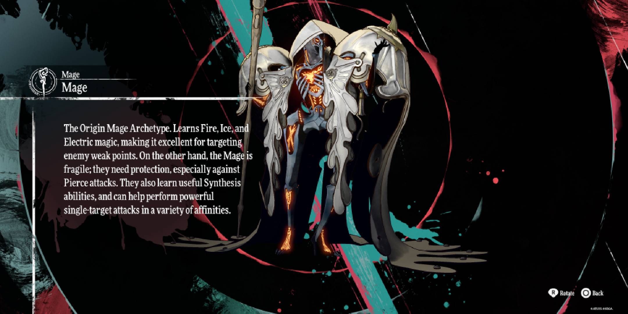 Metaphor_ ReFantazio menu screen showing the appearance and description of the Mage archetype.