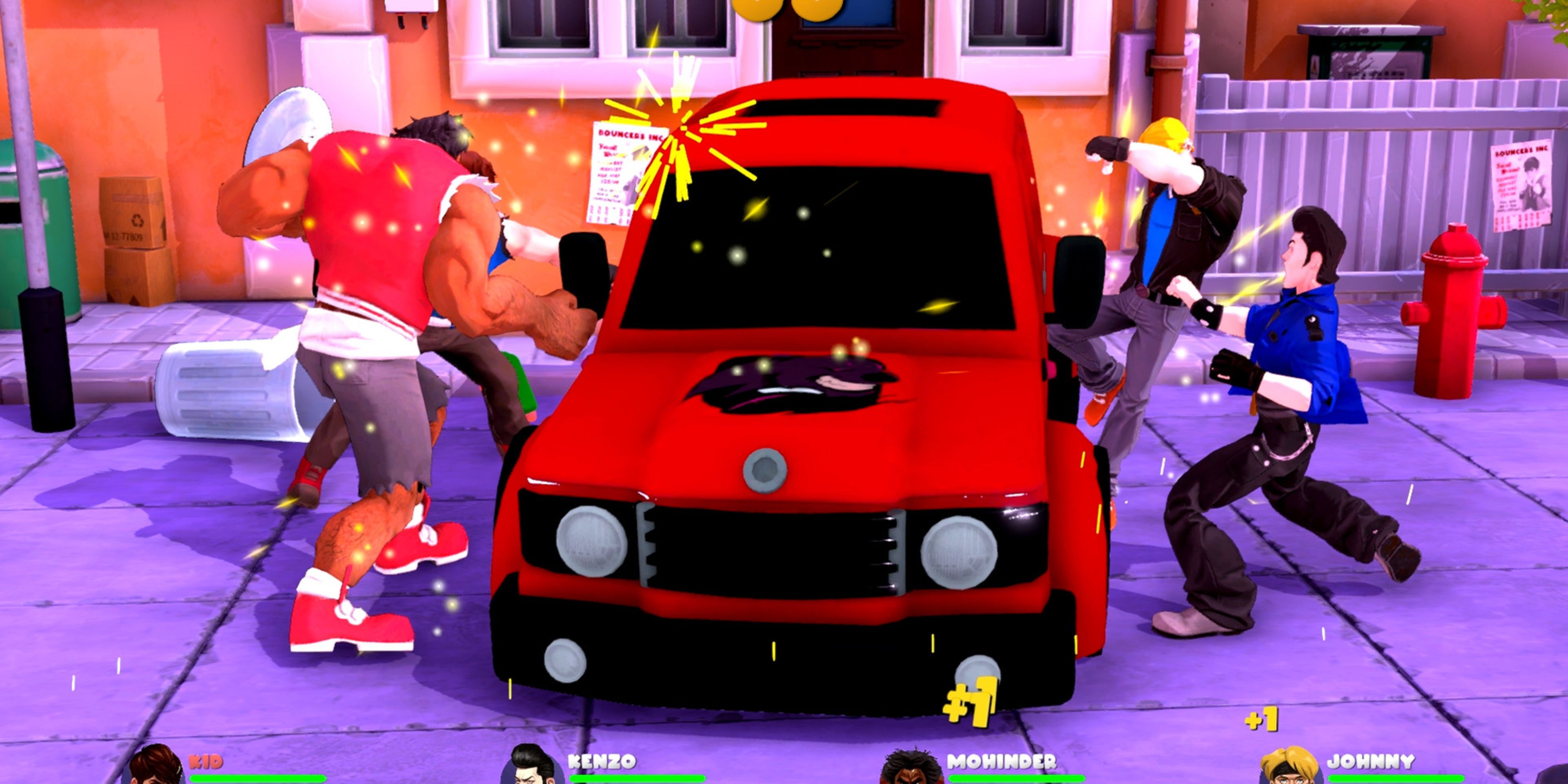 characters beating up a car in mad streets