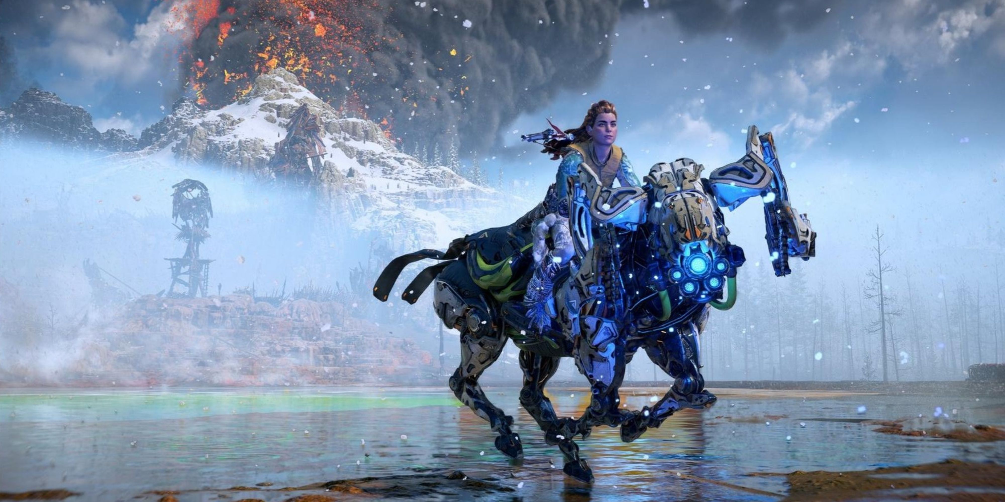 Aloy is riding a mech bull in Horizon: Zero Dawn Remastered.