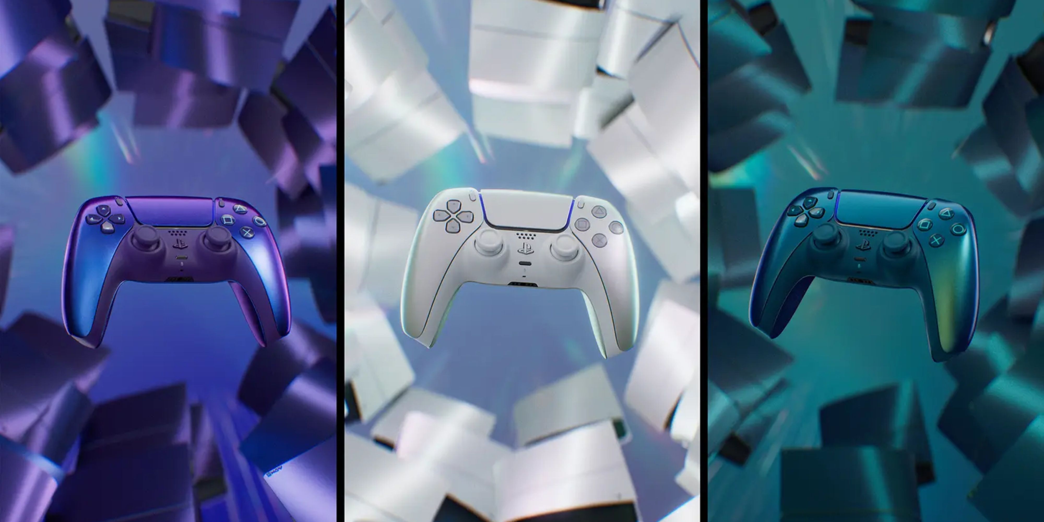 indigo pearl and teal dualsense controllers from playstation's chroma collection