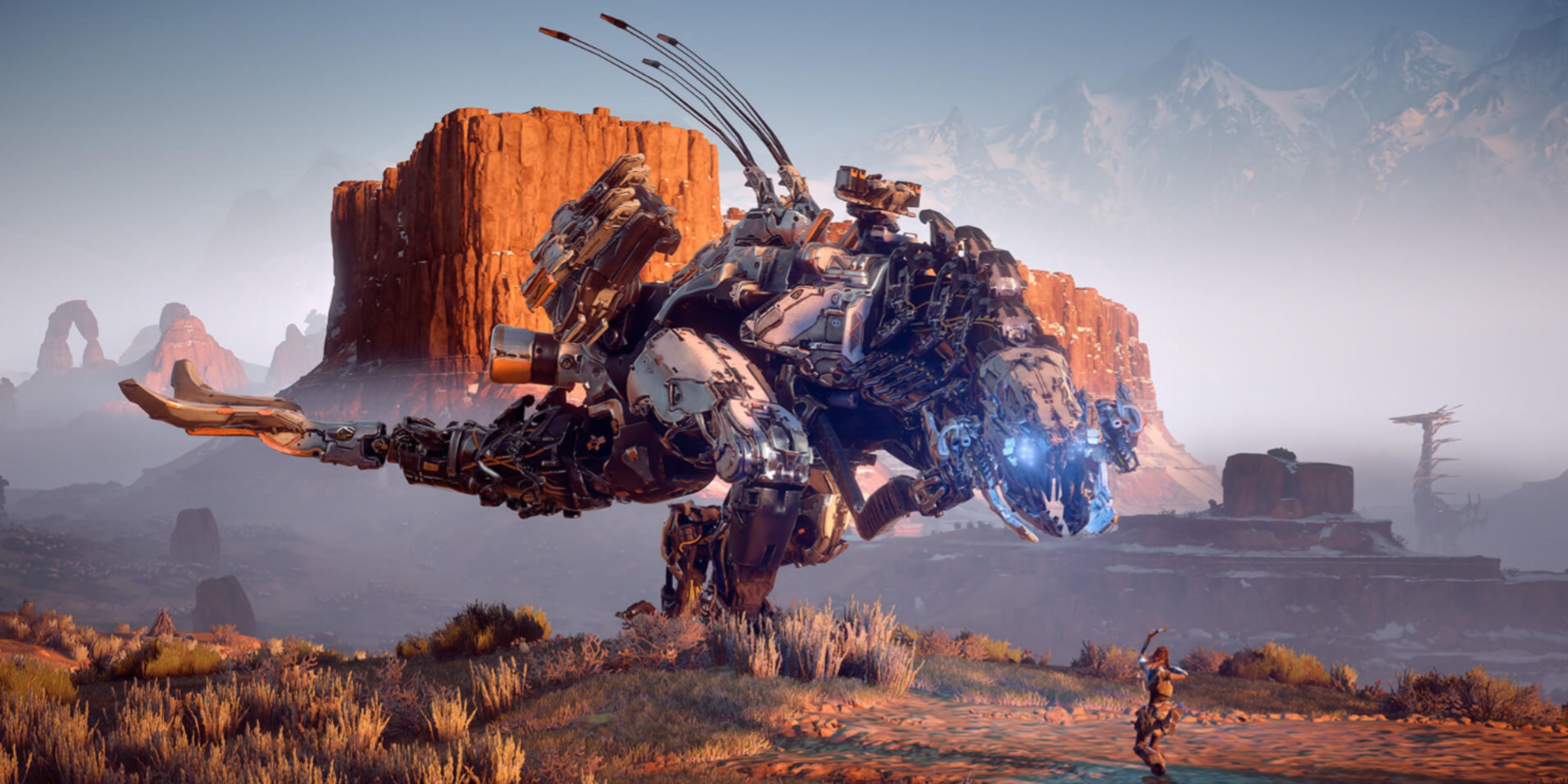 aloy facing down a mech with a bow and arrow in horizon zero dawn