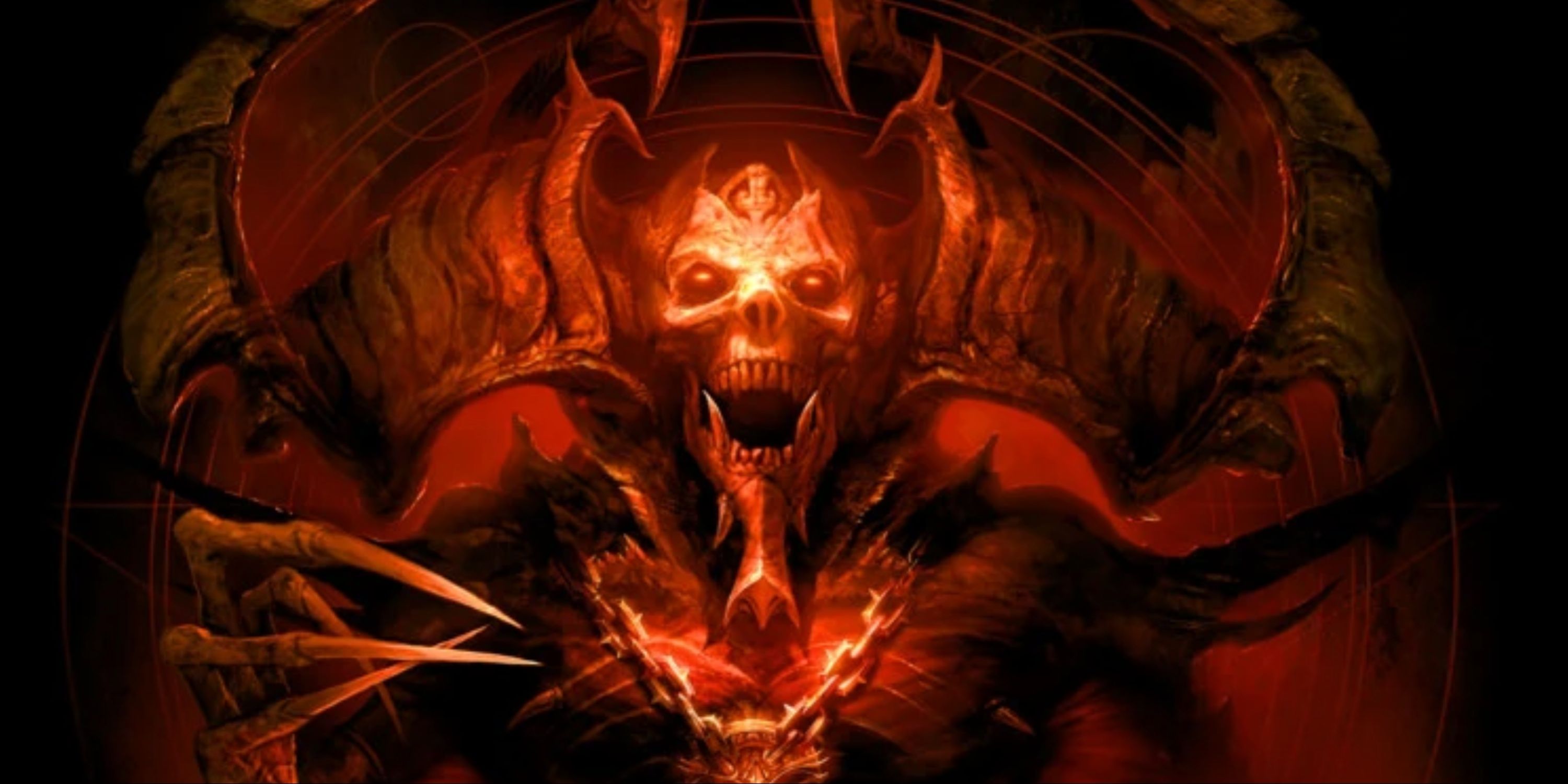 Mephisto from the Diablo series, a demon with a skull face, massive horns and long clawed fingers.