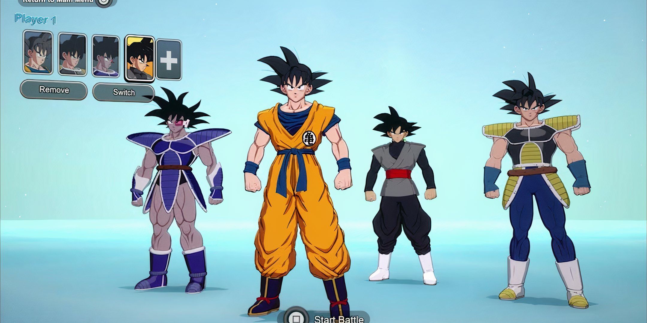 Four warriors with spiky hair are standing next to each other. 