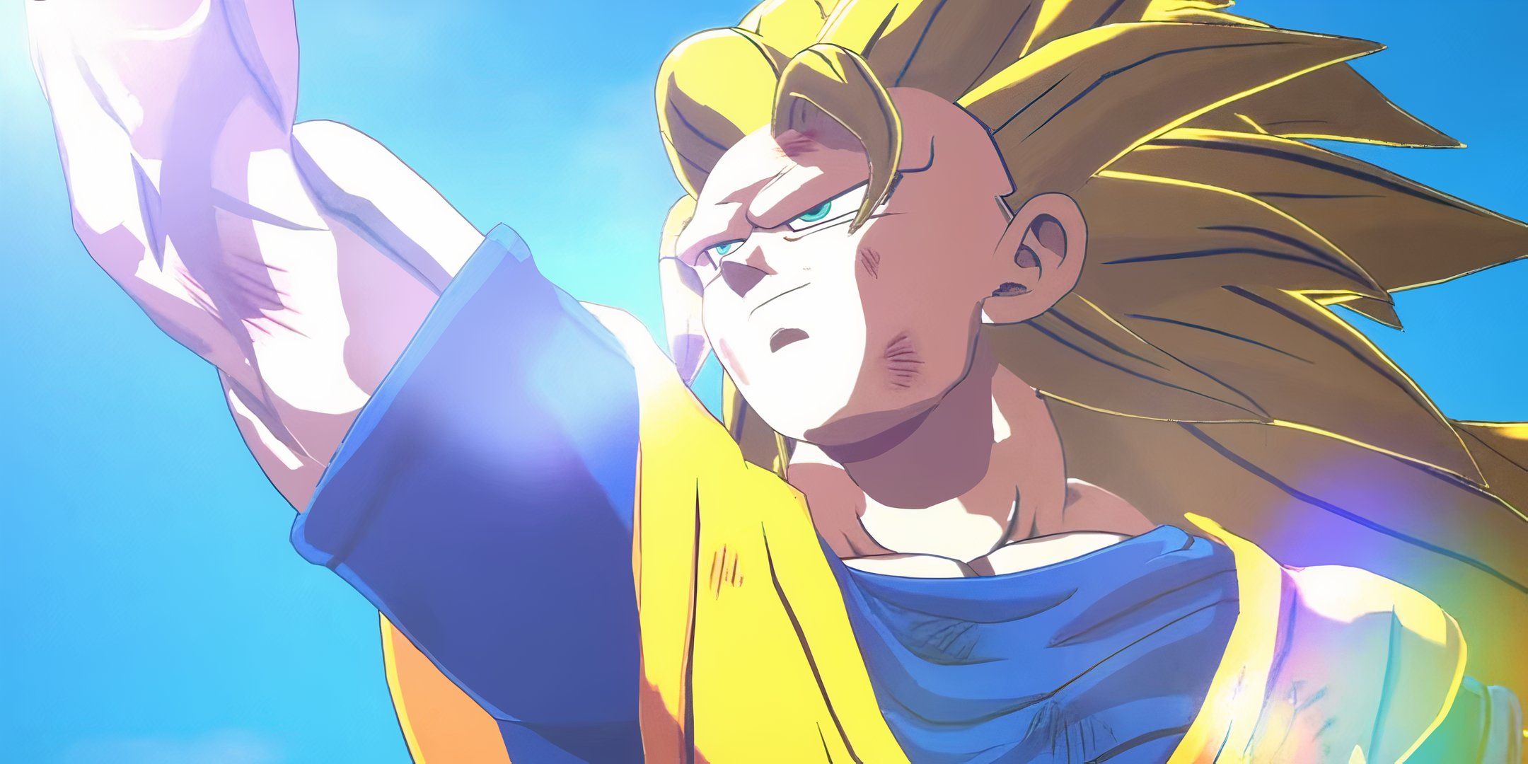 Goku holds his fist up as the sun shines down on him. 