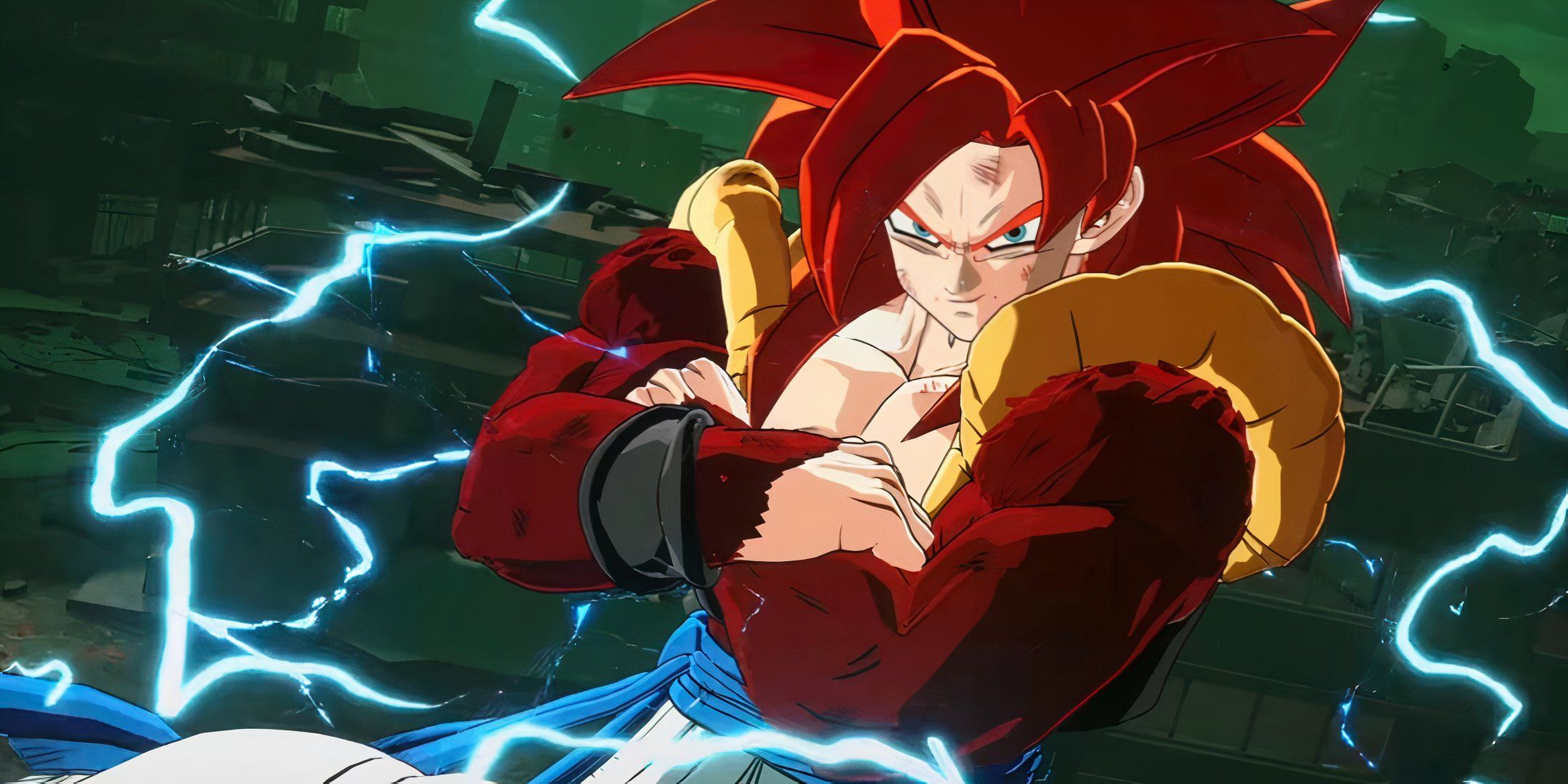 Super Saiyan 4 Gogeta glares menacingly as he crosses his arms. 