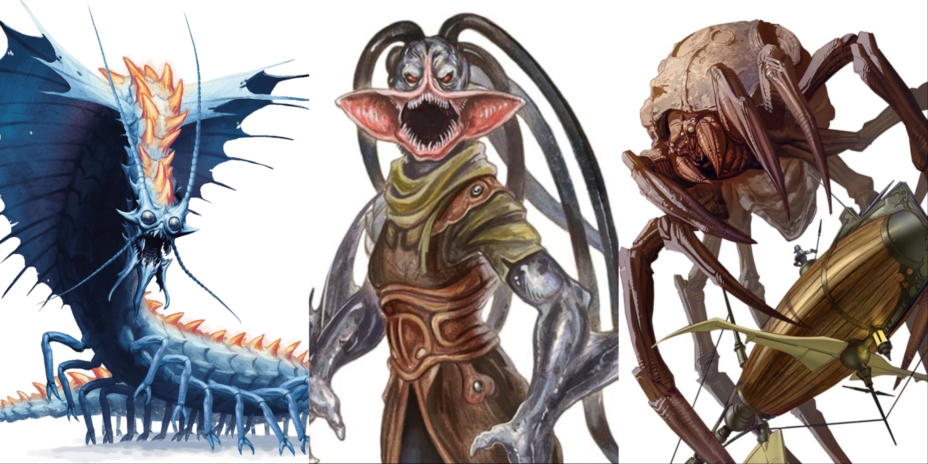 A collage of three monsters from Dungeons & Dragons. From left to right a Remorhaz, a Deep Scion and an Asteroid Spider.