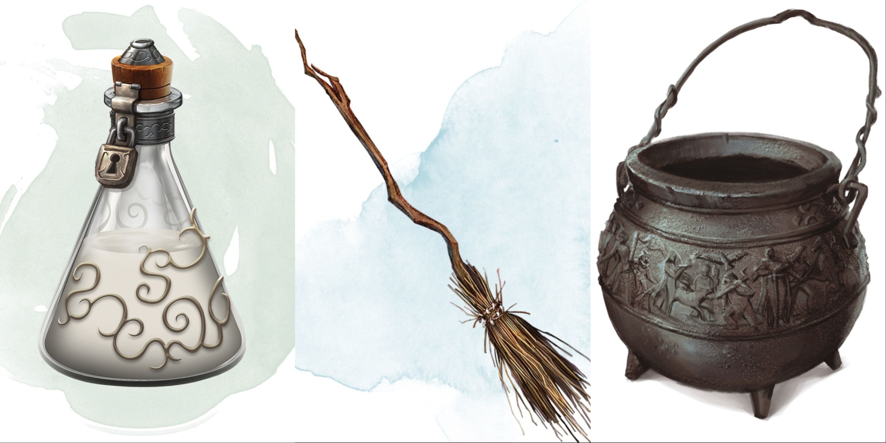 A collage of magic items from Dungeons & Dragons. From left to right Sovereign Glue, Broom of Flying and Cauldron of Rebirth.