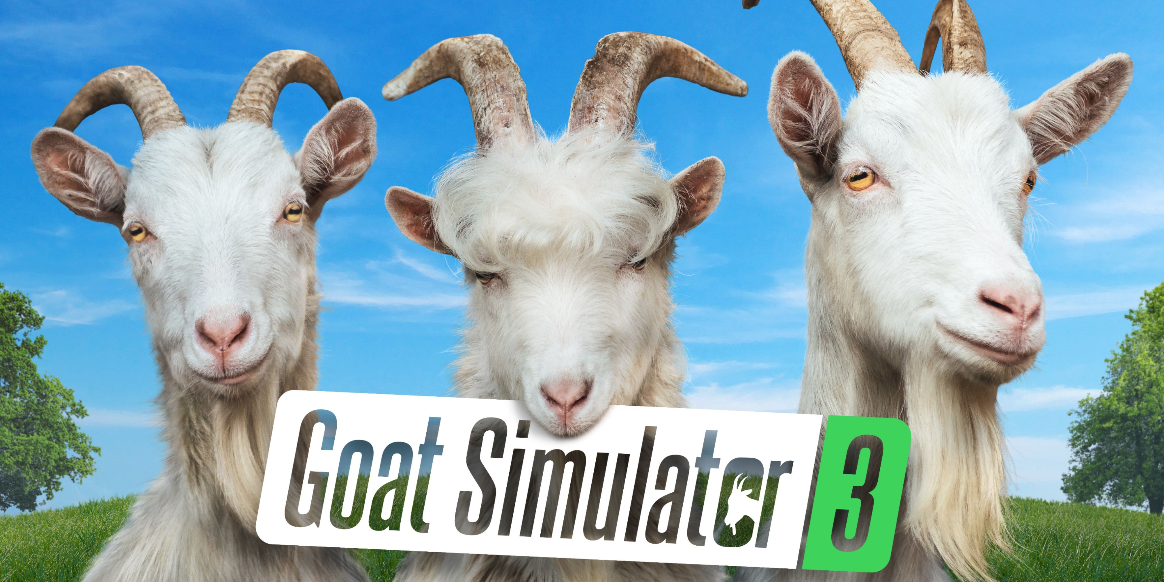 three goats with the one in the middle holding a goat simulator 3 logo