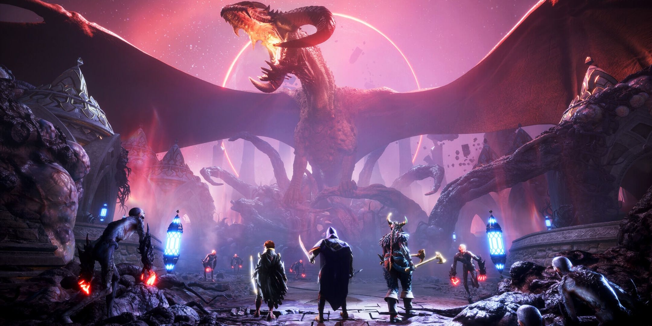 The party faces down a giant dragon in Dragon Age: The Veilguard